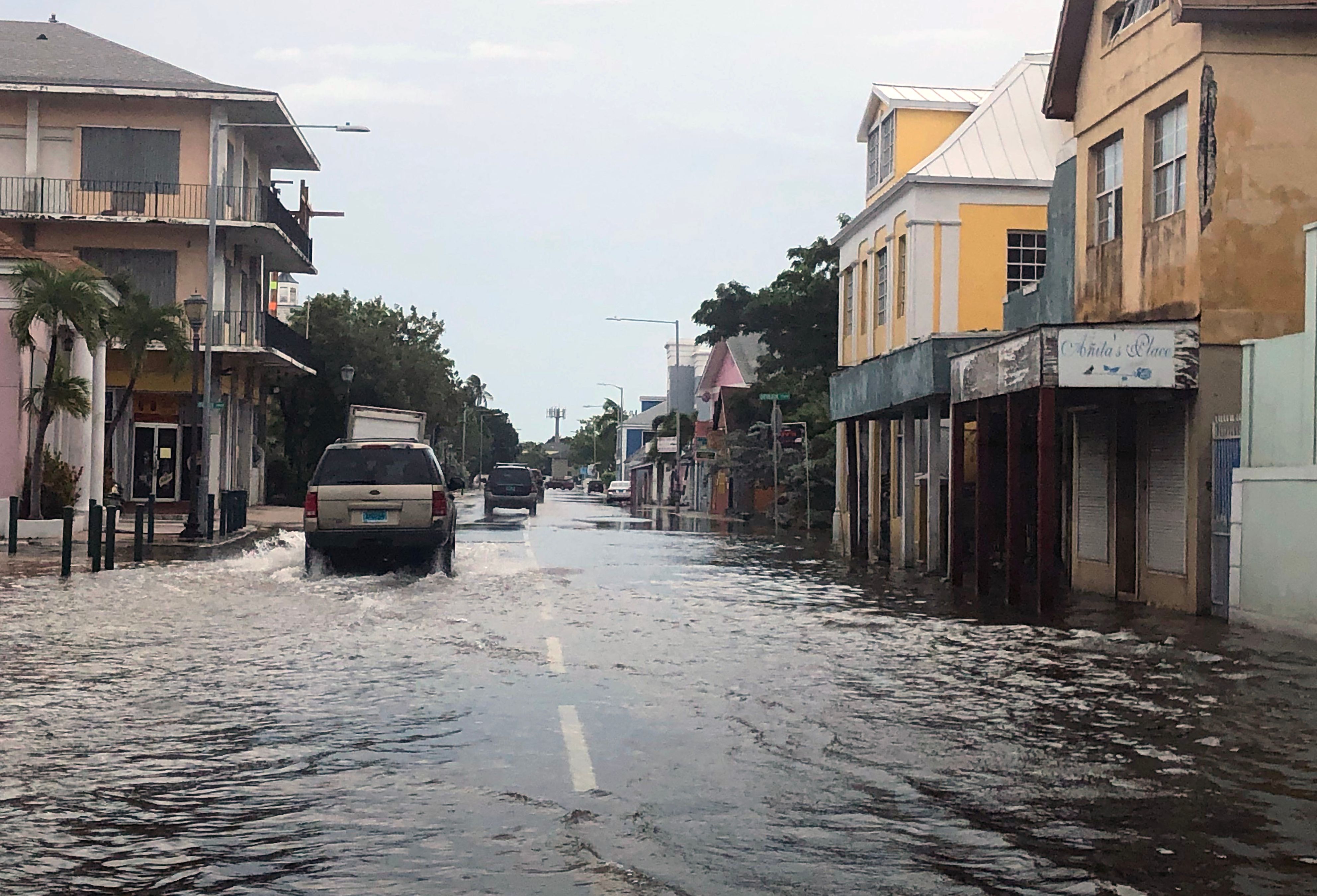 View of a flooded street in downtown Nassau on September 3, 2019. (LUCY WORBOYS/AFP/Getty Images)