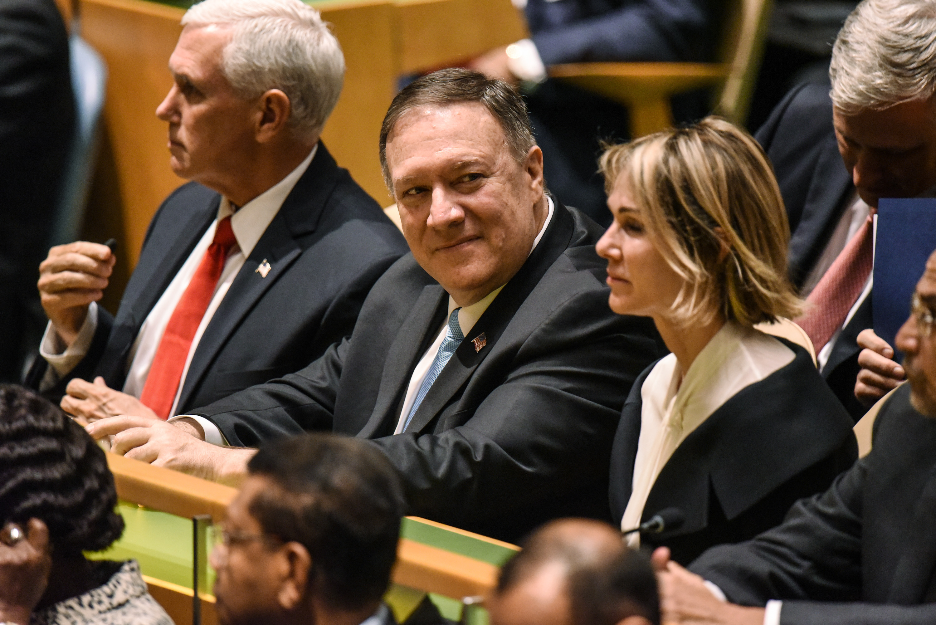 NEW YORK, NY - SEPTEMBER 24: U.S. Vice President Mike Pence (L), Secretary of State Mike Pompeo (C) and U.S. Ambassador to the U.N. Kelly Craft attend the United Nations (U.N.) General Assembly on September 24, 2019 in New York City. World leaders are gathered for the 74th session of the UN amid a warning by Secretary-General Antonio Guterres in his address yesterday of the looming risk of a world splitting between the two largest economies - the U.S. and China. (Photo by Stephanie Keith/Getty Images)