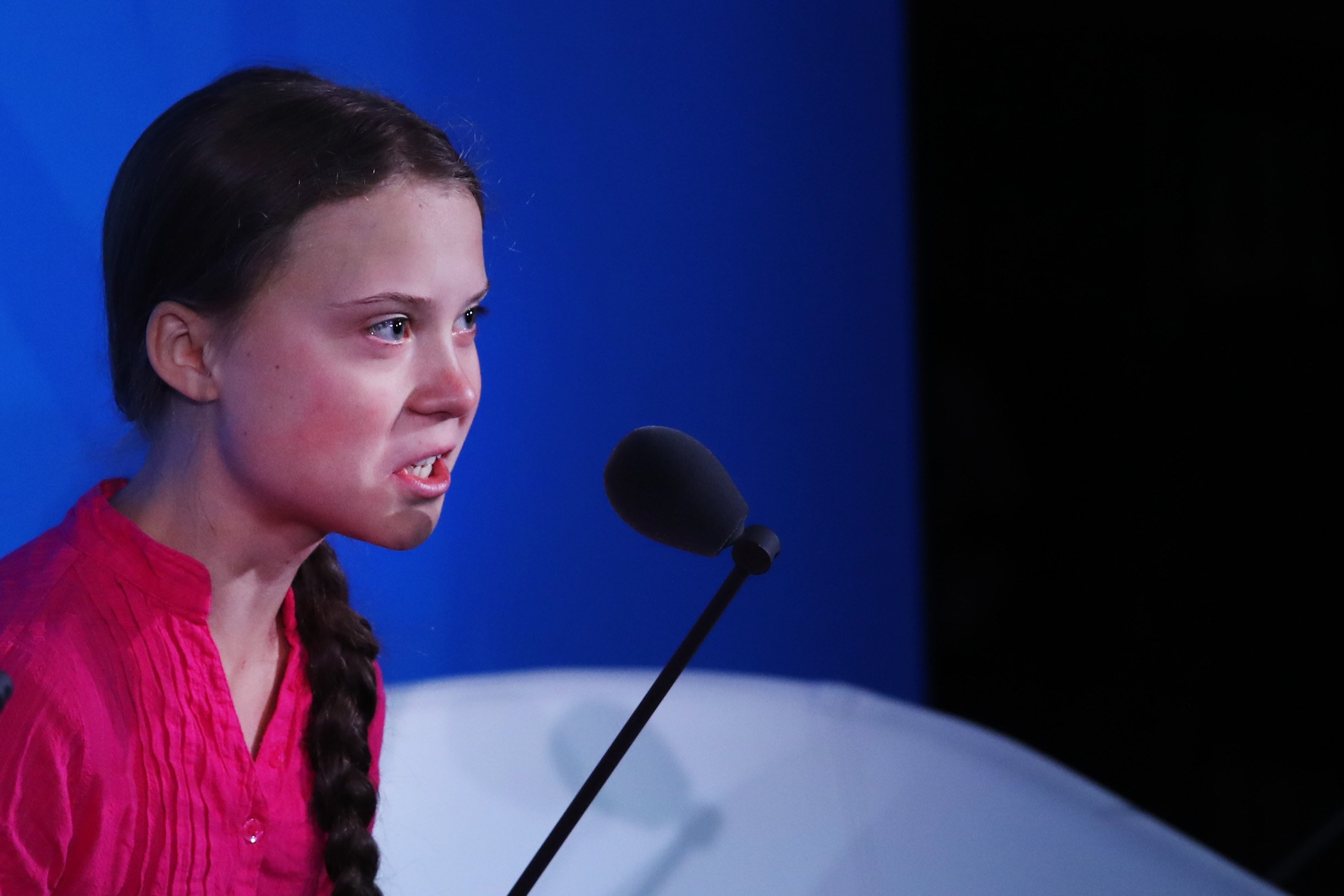 NEW YORK, NEW YORK - SEPTEMBER 23: Greta Thunberg speaks at the United Nations (U.N.) where world leaders are holding a summit on climate change on September 23, 2019 in New York City. While the U.S. will not be participating, China and about 70 other countries are expected to make announcements concerning climate change. The summit at the U.N. comes after a worldwide Youth Climate Strike on Friday, which saw millions of young people around the world demanding action to address the climate crisis. (Photo by Spencer Platt/Getty Images)
