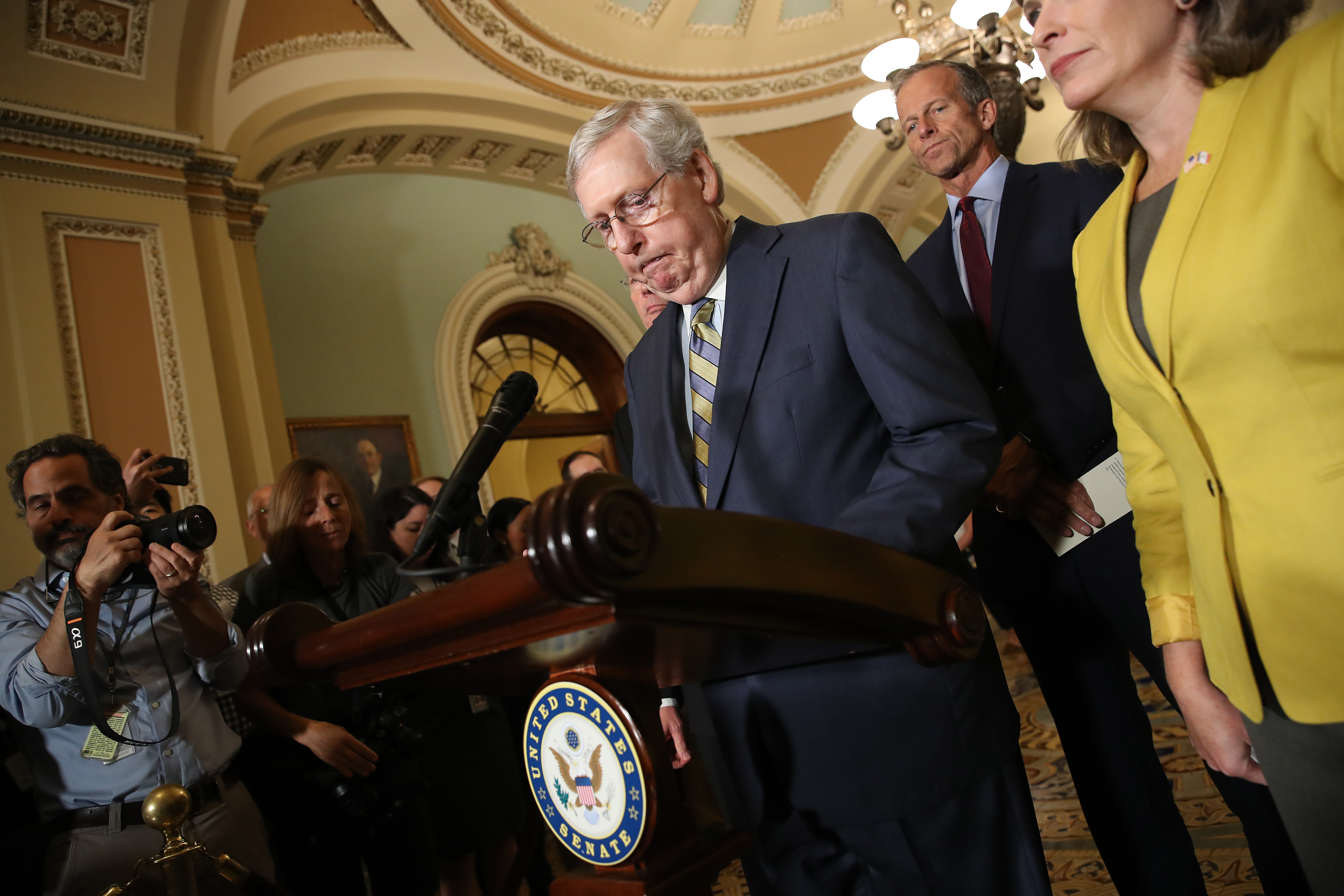 Senate Majority Leader Mitch McConnell (R-KY) answers questions on the potential of impeachment proceedings against U.S. President Donald Trump on September 24, 2019 in Washington, DC. (Win McNamee/Getty Images)