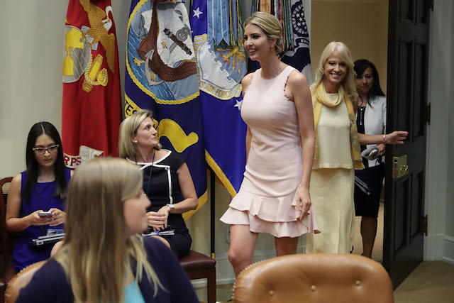 Assistant to the President and Donlad Trump's daughter Ivanka Trump and Counselor to the President Kellyanne Conway (2nd R) arrive for a listening session with military spouses in the Roosevelt Room at the White House August 2, 2017 in Washington, DC. The military spouses said the choose professions that they can practice no matter where their partners are stationed but that licencing and certification continues to be a challenge when moving to a new post. (Photo by Chip Somodevilla/Getty Images)