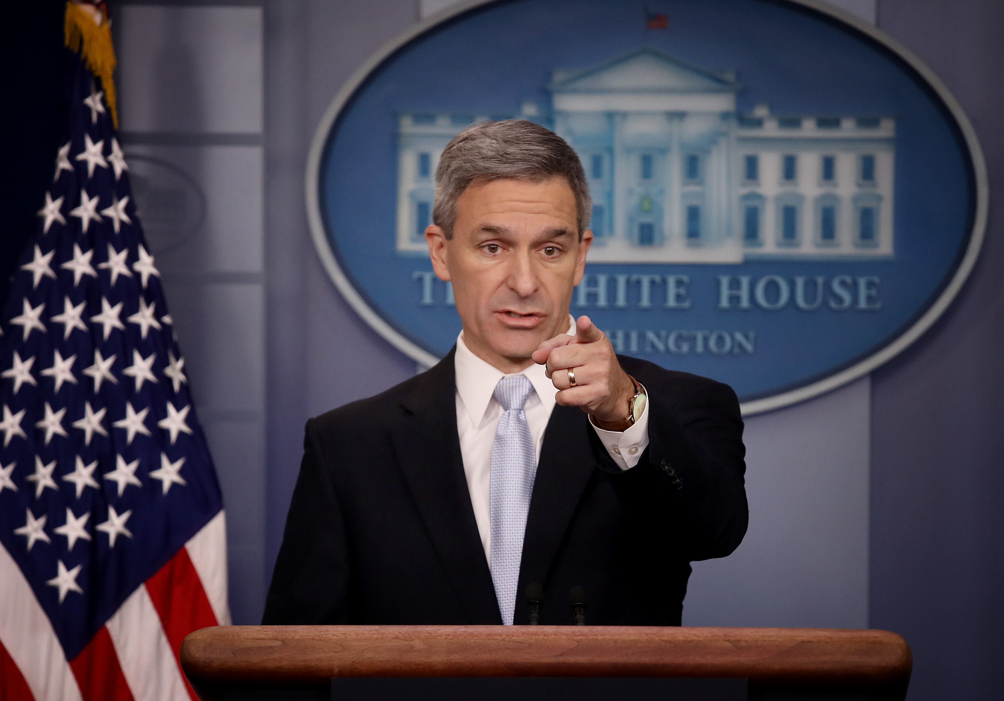 WASHINGTON, DC - AUGUST 12: Acting Director of U.S. Citizenship and Immigration Services Ken Cuccinelli speaks about immigration policy at the White House during a briefing August 12, 2019 in Washington, DC. During the briefing, Cuccinelli said that immigrants legally in the U.S. would no longer be eligible for green cards if they utilize any social programs available in the nation. (Photo by Win McNamee/Getty Images)