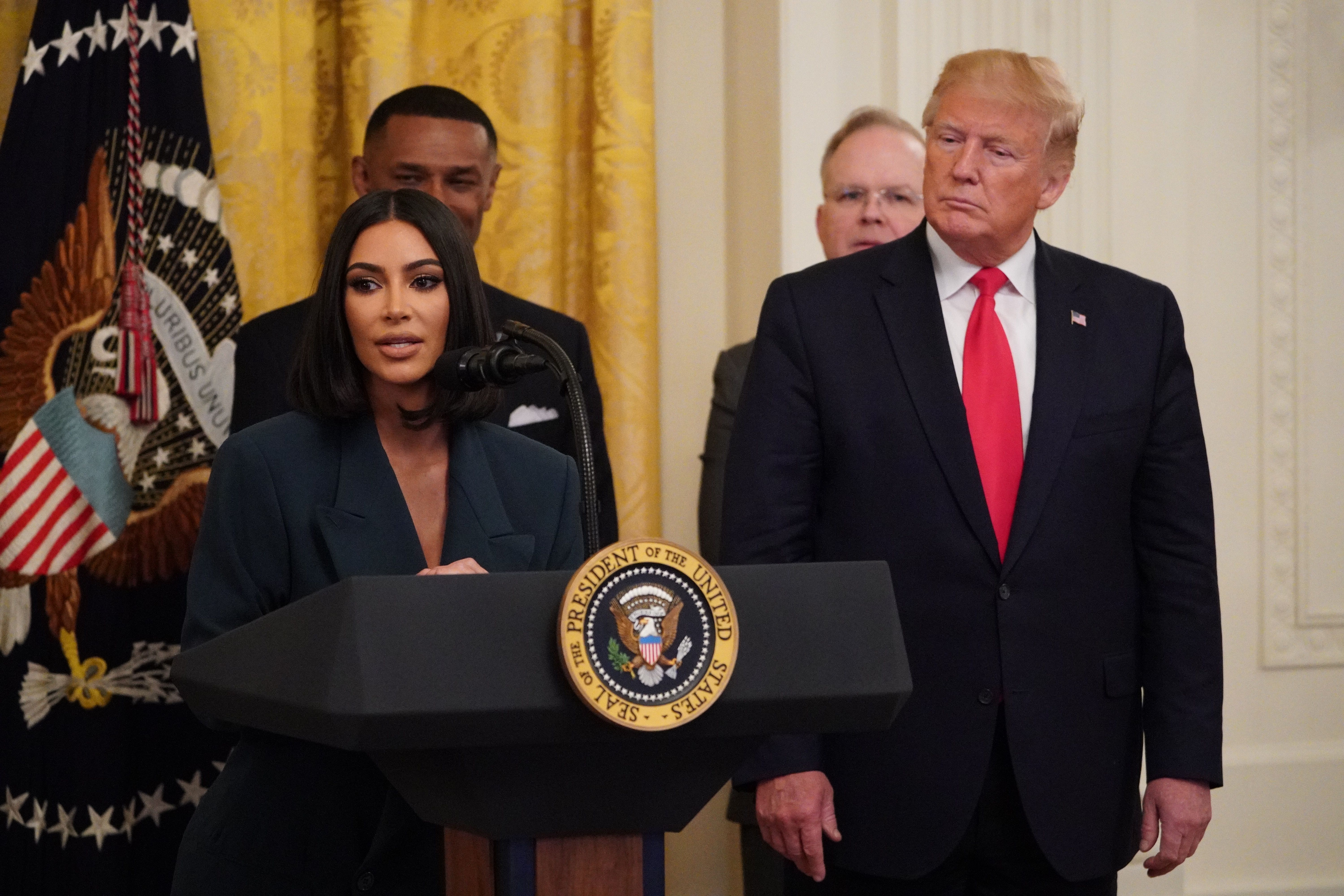 Kim Kardashian speaks as US President Donald Trump holds an event on second chance hiring and criminal justice reform in the East Room of the White House in Washington, DC, June 13, 2019. (Photo credit MANDEL NGAN/AFP/Getty Images)