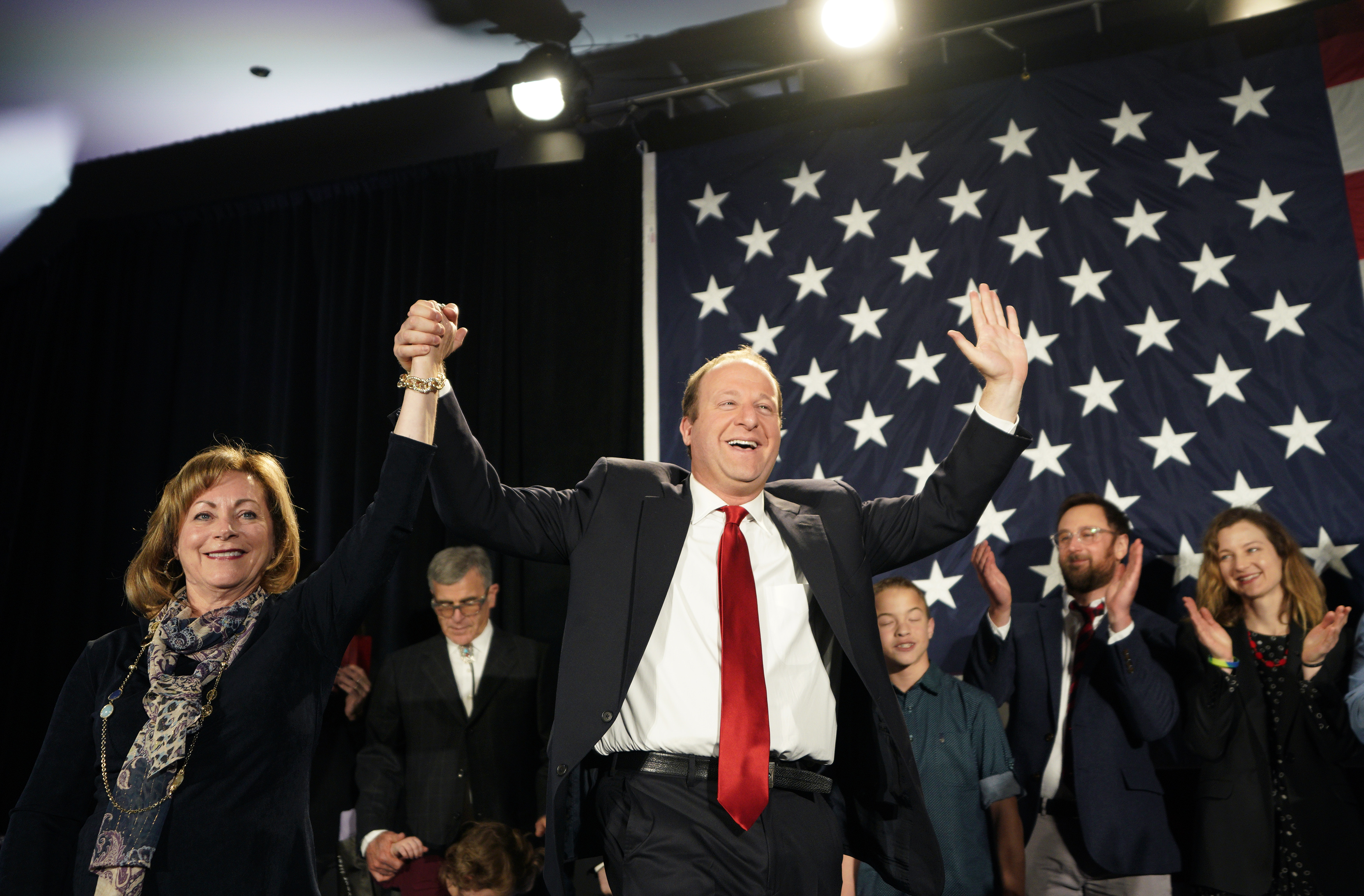 Democratic Colorado Governor-elect Jared Polis arrives onstage with running mate Dianne Primavera on November 6, 2018 in Denver, Colorado. (Rick T. Wilking/Getty Images)