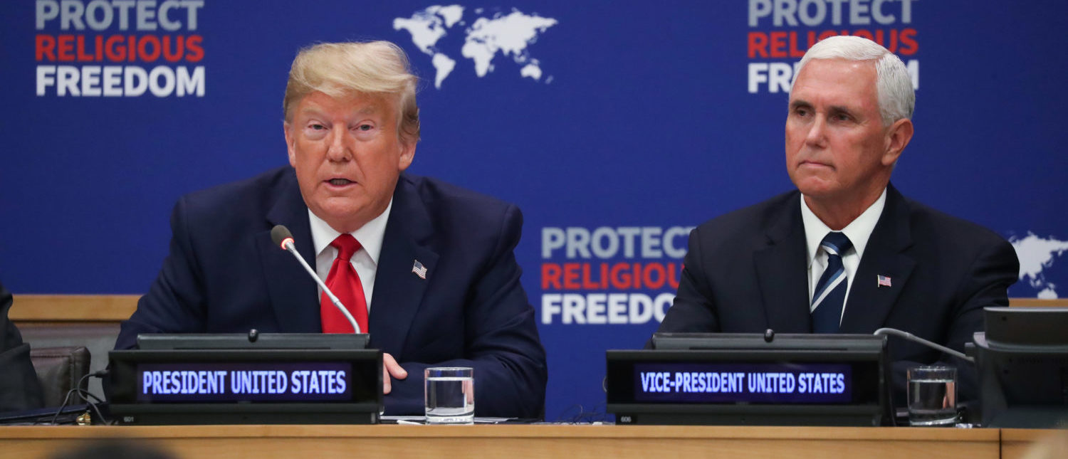 U.S. President Donald Trump attends the "Global Call to Protect Religious Freedom" event with Vice President Mike Pence at U.N. headquarters in New York City, New York, U.S., September 23, 2019. (REUTERS/Jonathan Ernst)