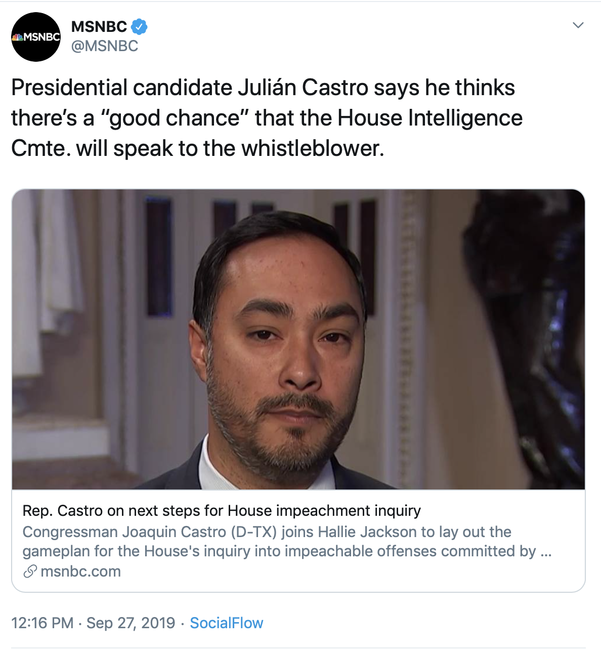 MSNBC's now-deleted tweet mixed up presidential candidate Julian Castro with his brother Friday. (Screenshot Twitter)