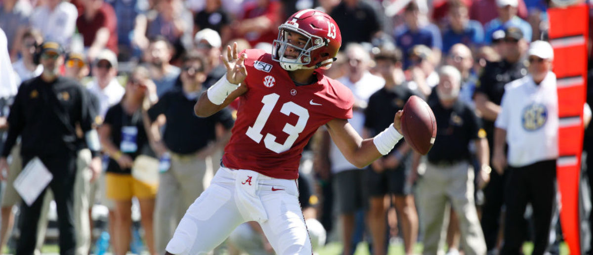 TUSCALOOSA, AL - SEPTEMBER 21: Tua Tagovailoa #13 of the Alabama Crimson Tide throws a pass in the first quarter against the Southern Mississippi Golden Eagles at Bryant-Denny Stadium on September 21, 2019 in Tuscaloosa, Alabama. (Photo by Joe Robbins/Getty Images)