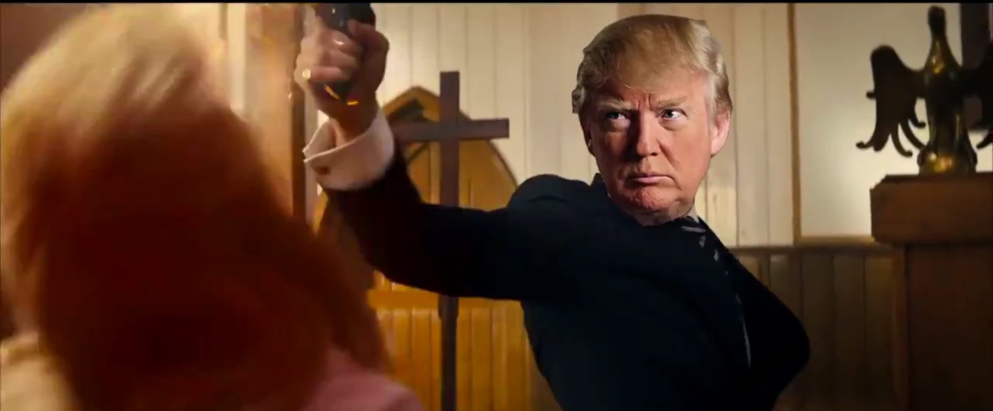 Scene from a video that shows a fake President Donald Trump staging a mass shooting at “The Church of Fake News,” screenshot taken Oct. 14, 2019. Twitter screenshot.