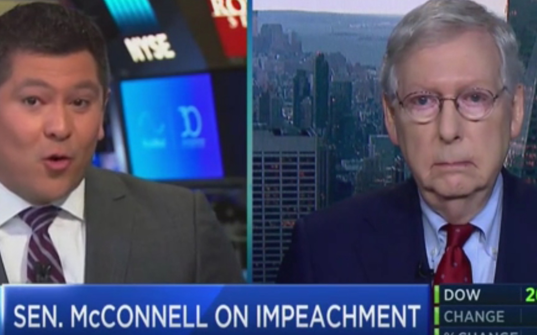 Senate Majority Leader Mitch McConnell talks to CNBC about what happens in the Senate if President Donald Trump is Impeached by the House, Sept. 30, 2019. CNBC screenshot.