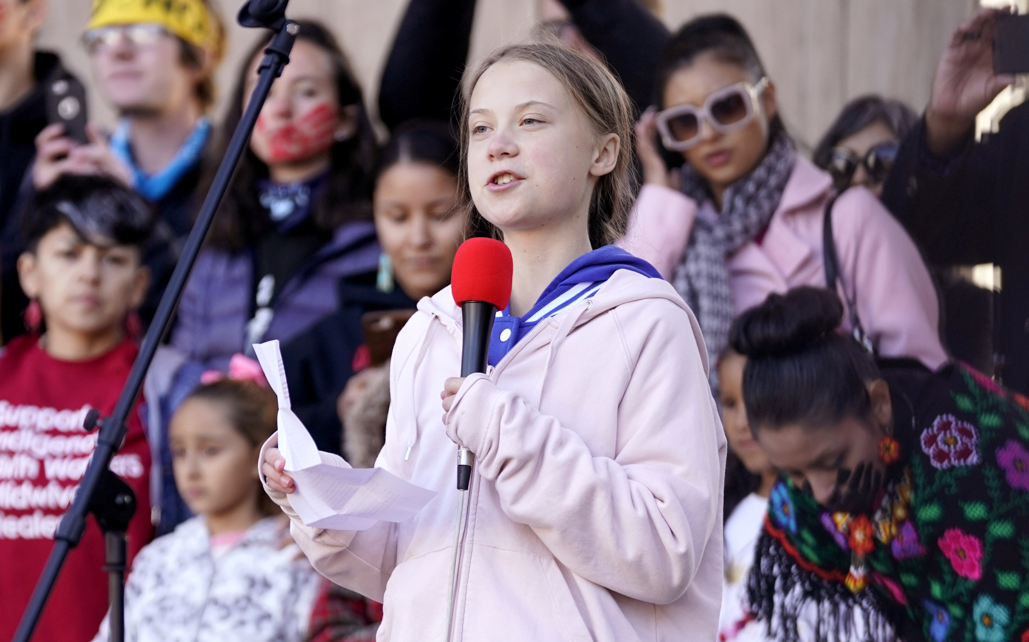 Swedish teen environmental activist Greta Thunberg speaks as people take part in a climate change rally in Denver, Colorado, U.S. October 11, 2019. REUTERS/Rick Wilking