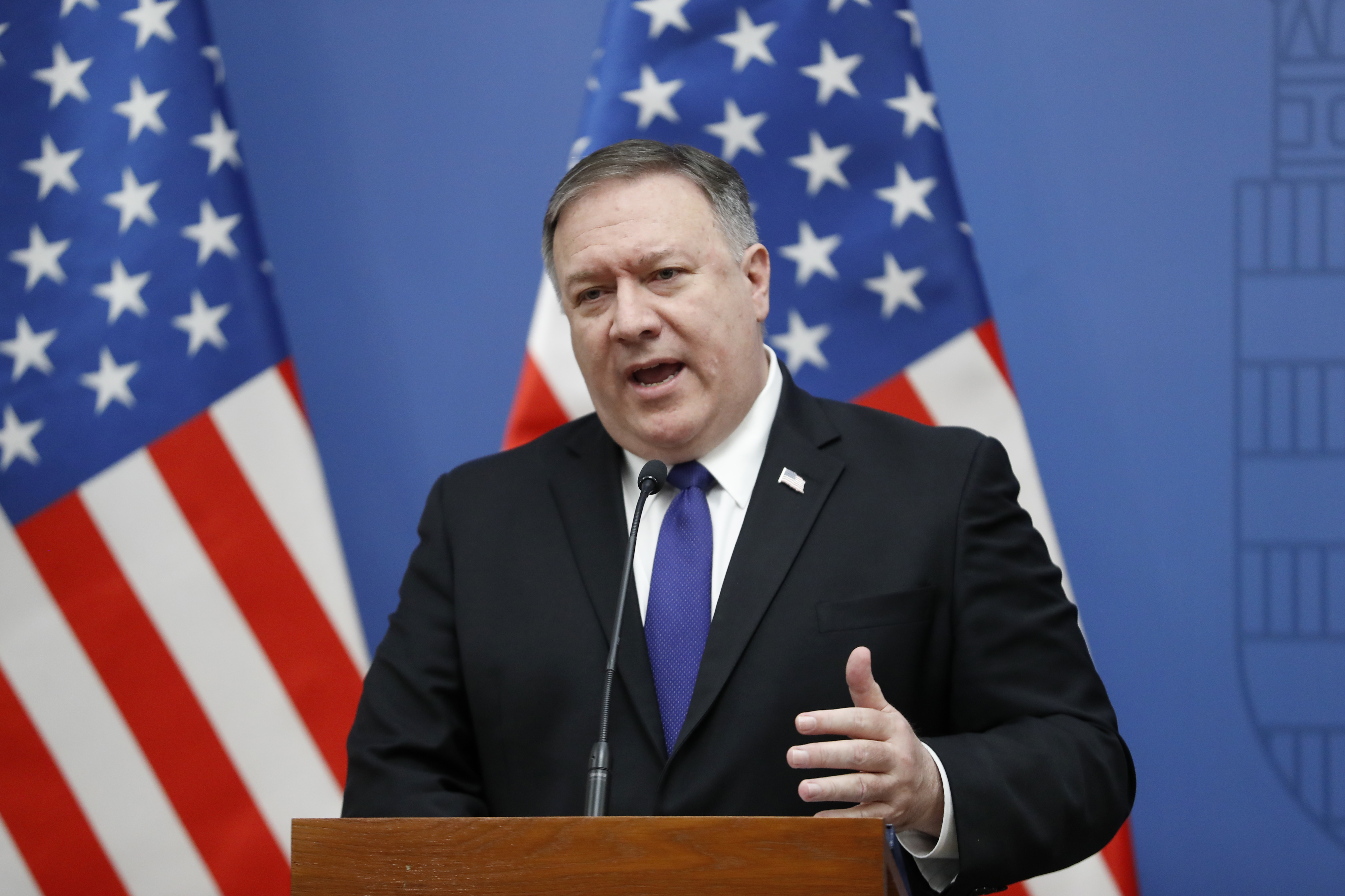 BUDAPEST, HUNGARY – FEBRUARY 11: US Secretary of State Mike Pompeo appears with Hungarian Foreign Minister Peter Szijjarto (not pictured) at the foreign ministry on February 11, 2019 in Budapest, Hungary. They were expected to discuss energy issues and the debate over Huawei, the Chinese telecommunications company whom the U.S. accuses of stealing trade secrets and violating Iran sanctions. Afterward, Secretary Pompeo was scheduled to meet with Hungarian PM Viktor Orban. (Photo by Laszlo Balogh/Getty images)
