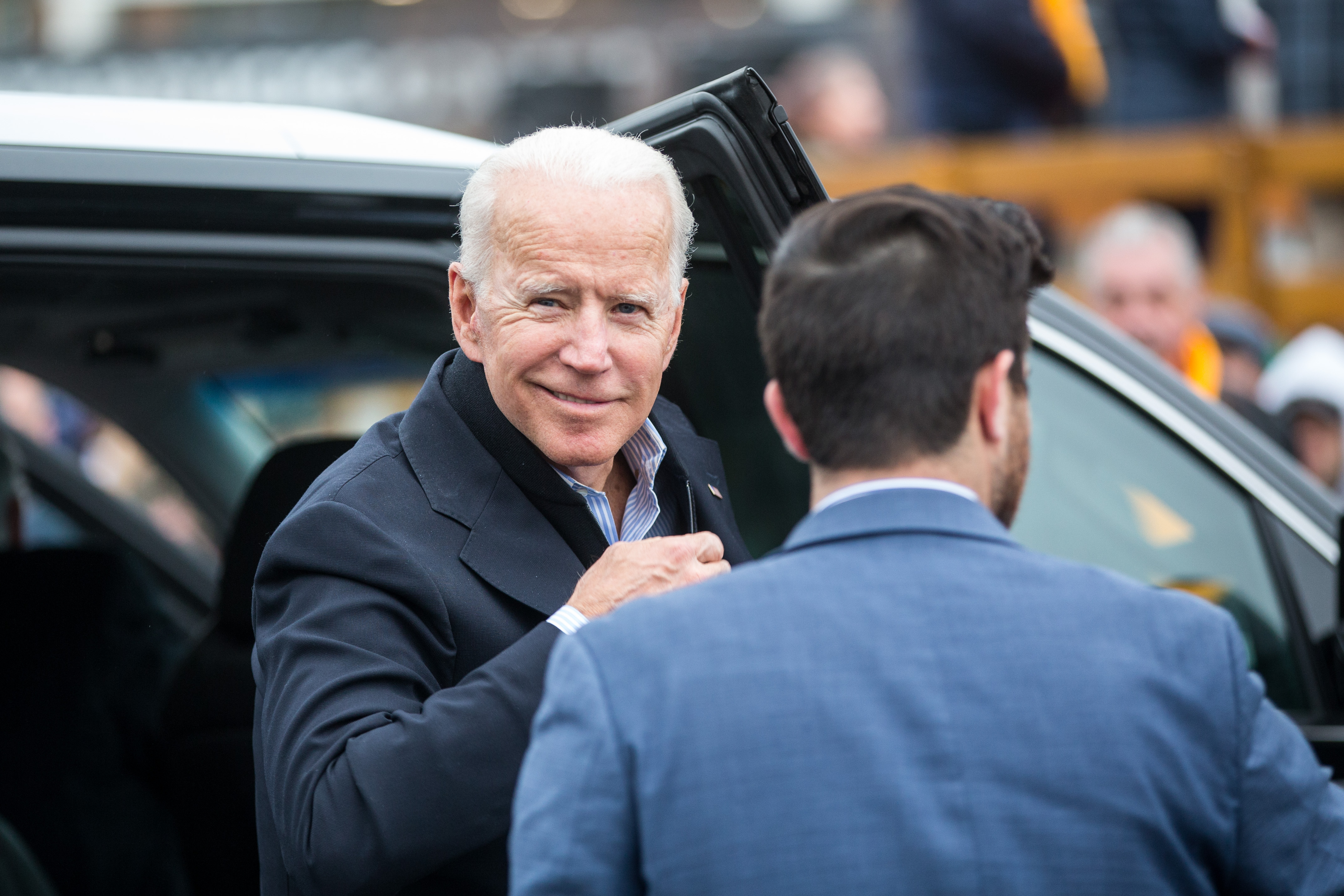 DORCHESTER, MA - APRIL 18: Former Vice President Joe Biden arrives in front of a Stop & Shop in support of striking union workers on April 18, 2019 in Dorchester, Massachusetts. Thousands of unionized Stop & Shop workers across New England walked off the job last week in an ongoing strike in response to a proposed contract which the United Food & Commercial Workers union says would cut health care benefits and pensions for employees. (Photo by Scott Eisen/Getty Images)