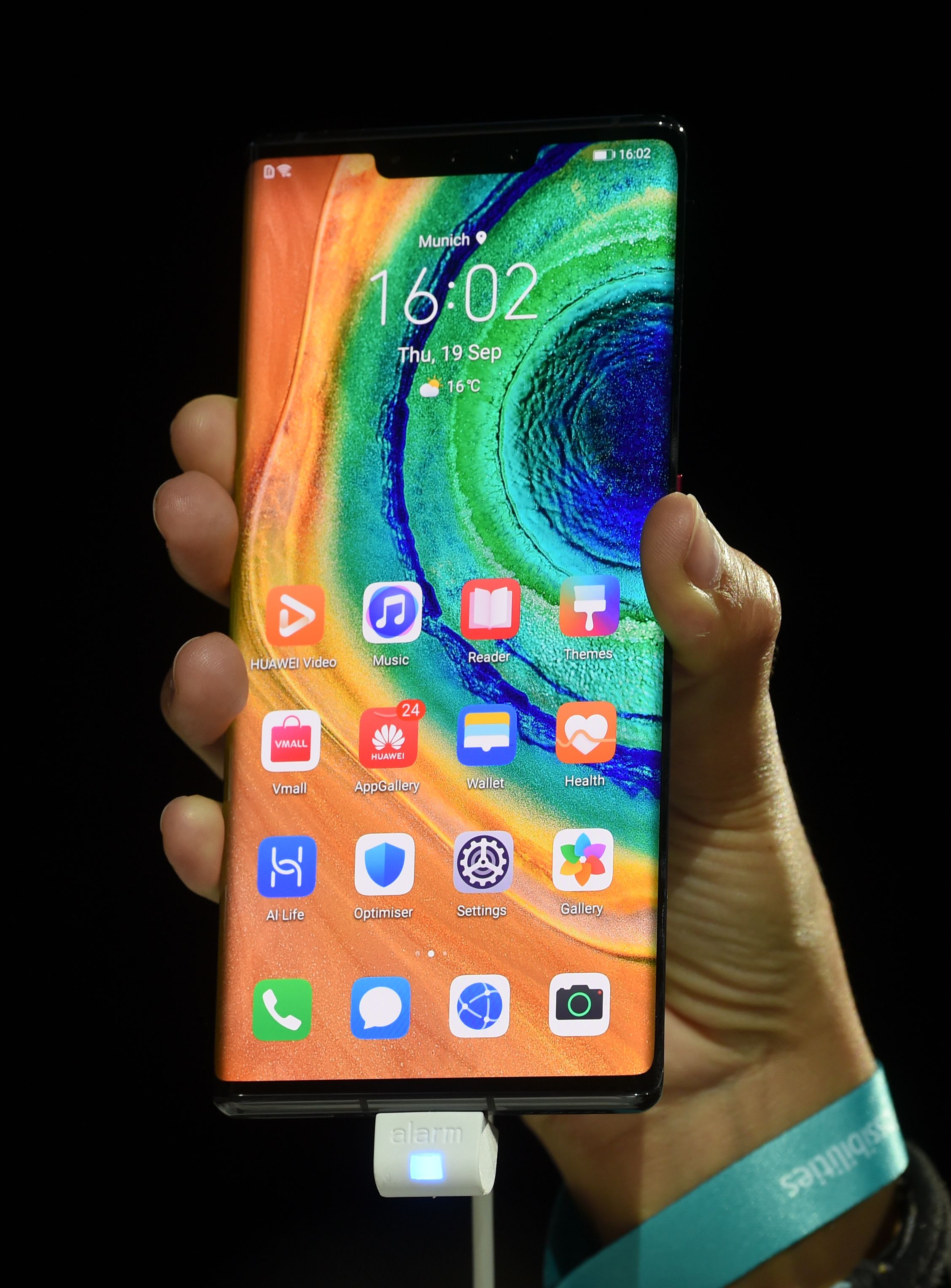 Huawei's "Mate 30 Pro", the latest smartphone by the Chinese tech giant Huawei, is displayed after a presentation to reveal Huawei's latest smartphones "Mate 30" and "Mate 30 Pro" in Munich, southern Germany, on September 19, 2019. - The latest high-end smartphone of Chinese giant Huawei could be the first that could be void of popular Google apps because of US sanctions. (Photo by Christof STACHE / AFP) (Photo credit should read CHRISTOF STACHE/AFP/Getty Images)