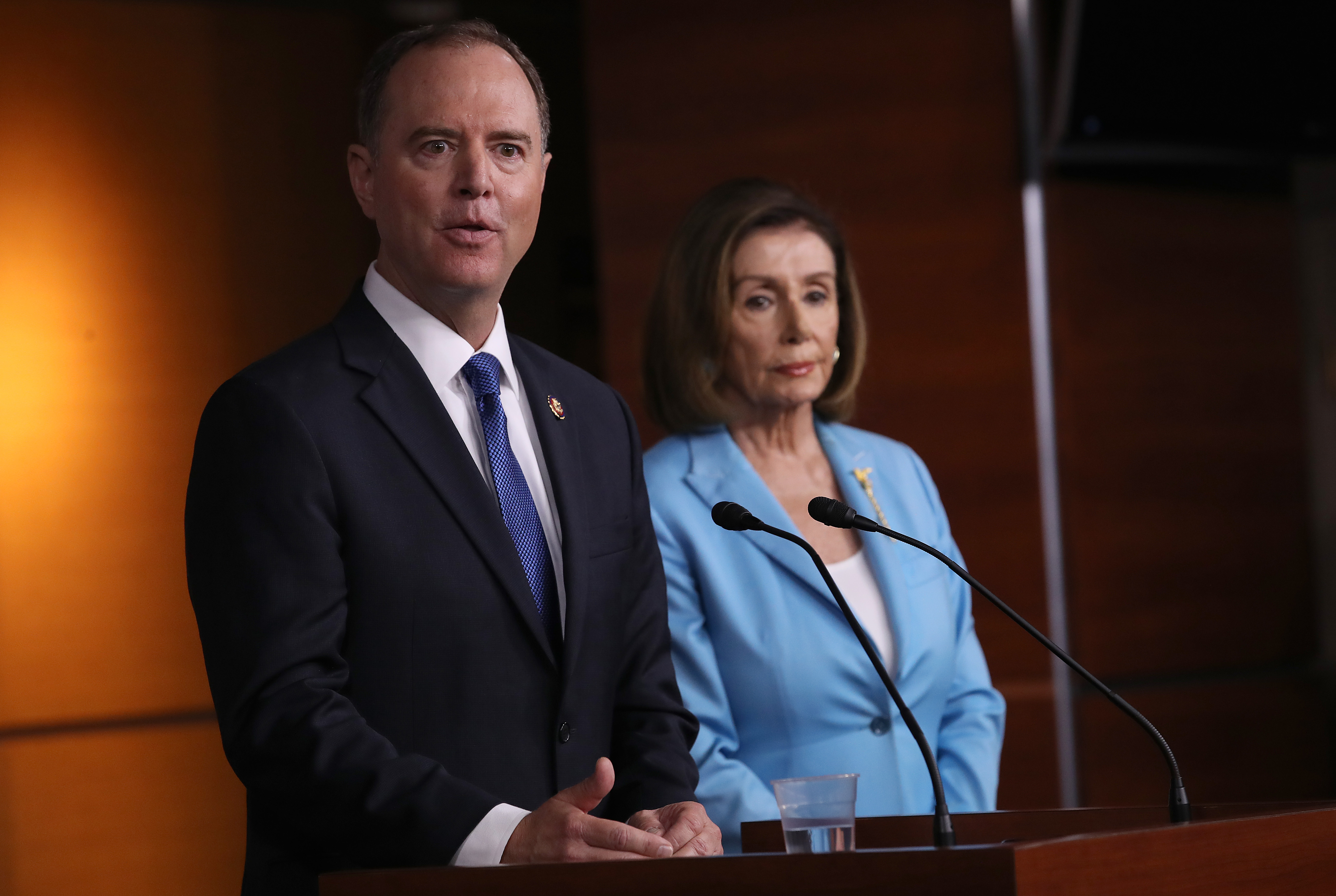 House Select Committee on Intelligence Chairman Rep. Adam Shiff (D-CA) and Speaker of the House Nancy Pelosi (D-CA) answer questions at the U.S. Capitol October 2, 2019 in Washington, DC. (Win McNamee/Getty Images)