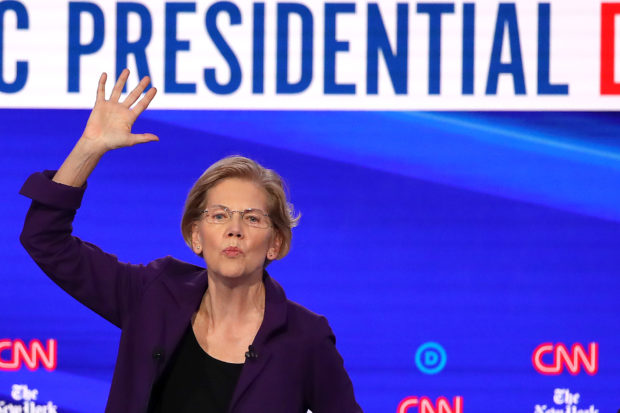 WESTERVILLE, OHIO - OCTOBER 15: Sen. Elizabeth Warren (D-MA) speaks during the Democratic Presidential Debate at Otterbein University on October 15, 2019 in Westerville, Ohio. A record 12 presidential hopefuls are participating in the debate hosted by CNN and The New York Times. (Photo by Win McNamee/Getty Images)