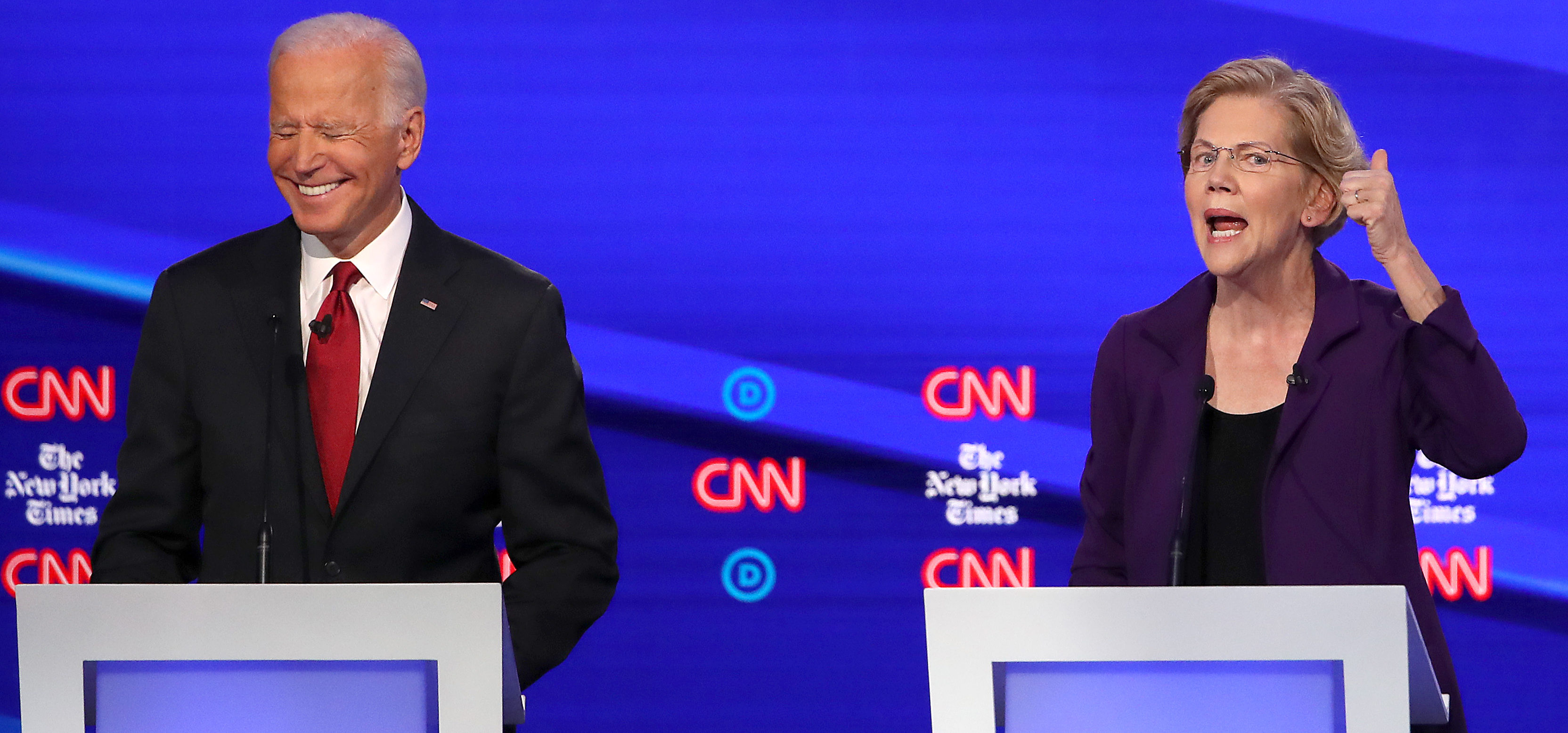 WESTERVILLE, OHIO - OCTOBER 15: Former Vice President Joe Biden and Sen. Elizabeth Warren (D-MA) react on stage during the Democratic Presidential Debate at Otterbein University on October 15, 2019 in Westerville, Ohio. A record 12 presidential hopefuls are participating in the debate hosted by CNN and The New York Times. (Photo by Win McNamee/Getty Images)