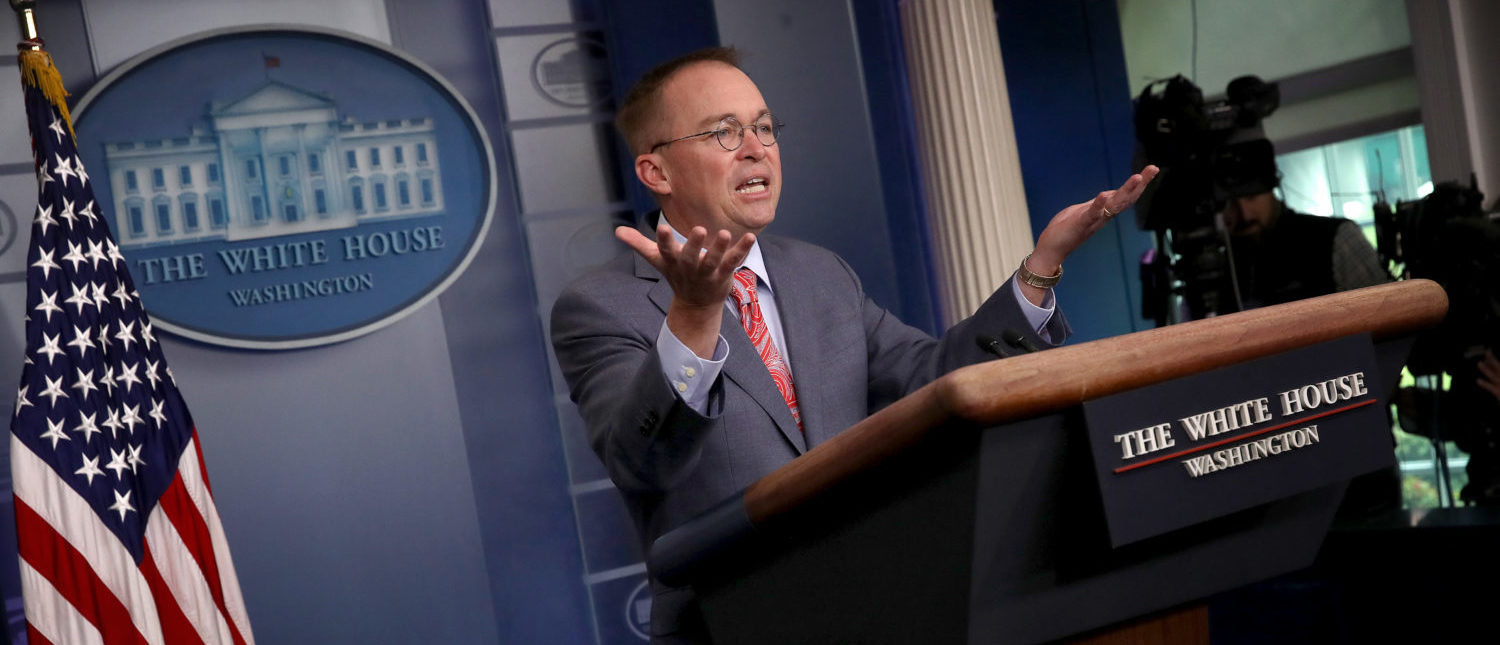 WASHINGTON, DC - OCTOBER 17: Acting White House Chief of Staff Mick Mulvaney answers questions during a briefing at the White House October 17, 2019 in Washington, DC. Mulvaney answered a range of questions relating to the issues surrounding the impeachment inquiry of U.S. President Donald Trump, and other issues during the briefing. (Photo by Win McNamee/Getty Images)