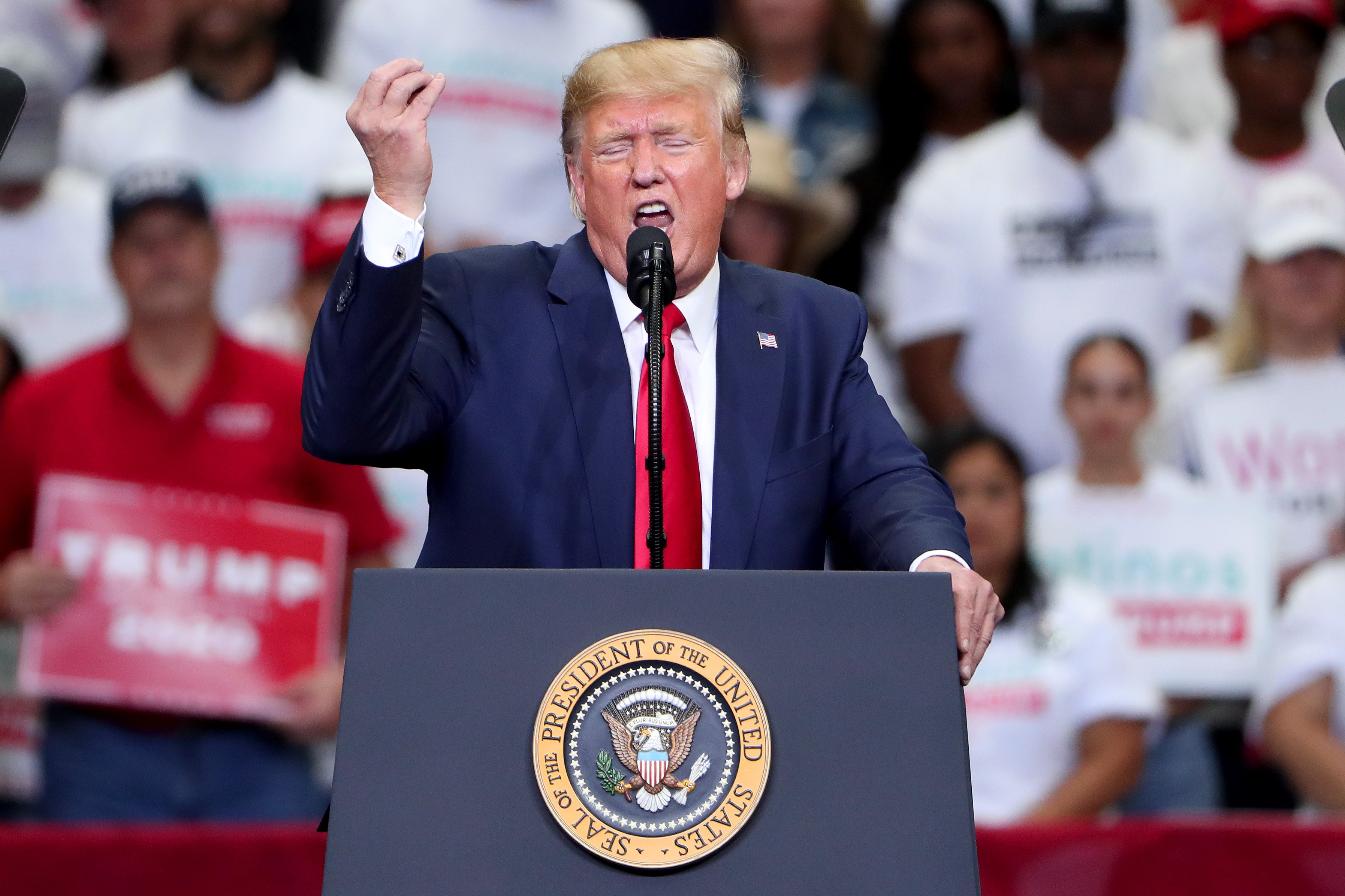 DALLAS, TEXAS - OCTOBER 17: U.S. President Donald Trump speaks during a "Keep America Great" Campaign Rally at American Airlines Center on October 17, 2019 in Dallas, Texas. (Photo by Tom Pennington/Getty Images)