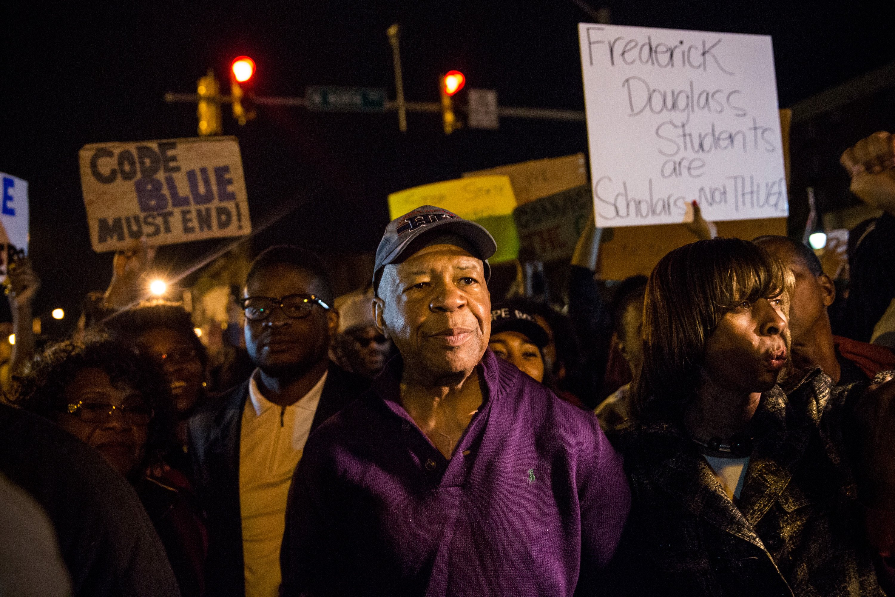 Rep. Elijah Cummings (D-MD) helps clear the streets of protesters on the same day that Maryland state attorney Marilyn J Mosby announced that charges would be filed against Baltimore police officers in the death of Freddie Gray on May 1, 2015 in Baltimore, Maryland. (Andrew Burton/Getty Images)