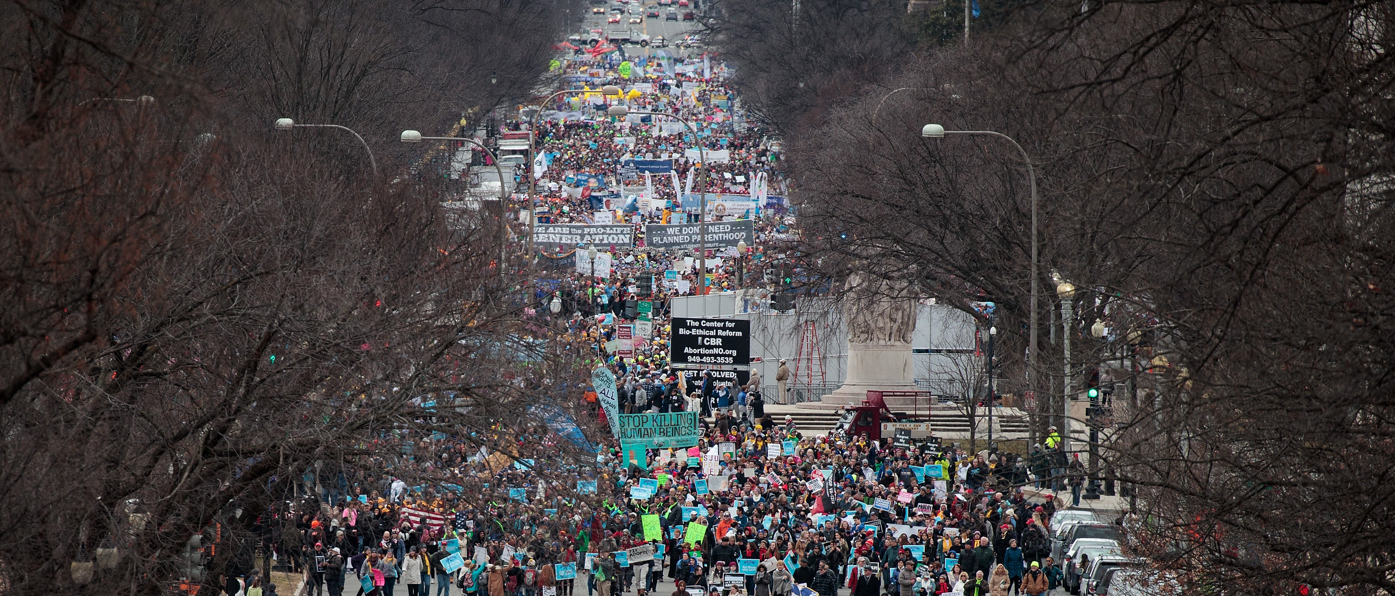 WASHINGTON, DC - JANUARY 27: Thousands of people march on Constitution Avenue during the March for Life, January 27, 2017 in Washington, DC. This year marks the 44th anniversary of the landmark Roe v. Wade Supreme Court case, which established a woman's constitutional right to an abortion. (Photo by Drew Angerer/Getty Images)