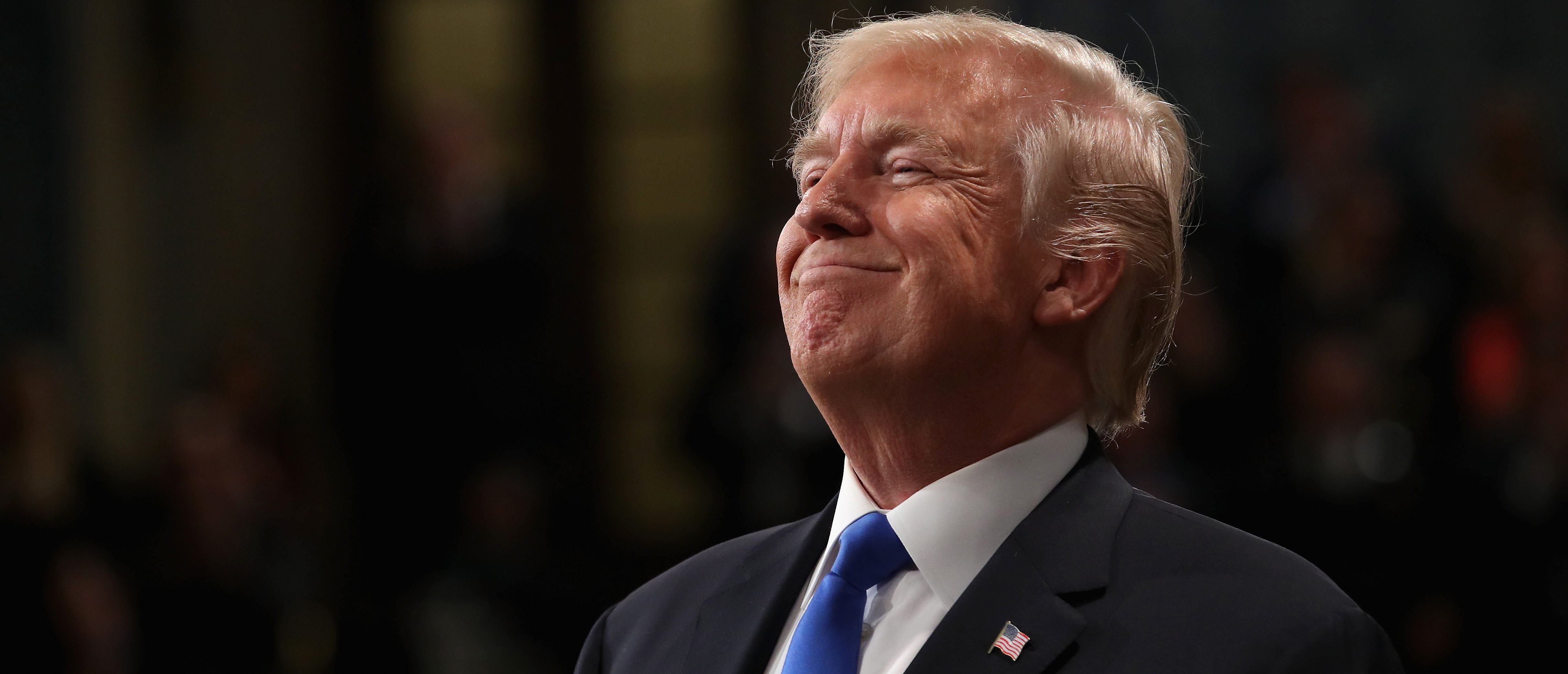 WASHINGTON, DC - JANUARY 30: U.S. President Donald J. Trump smiles during the State of the Union address in the chamber of the U.S. House of Representatives January 30, 2018 in Washington, DC. This is the first State of the Union address given by U.S. President Donald Trump and his second joint-session address to Congress. (Photo by Win McNamee/Getty Images)