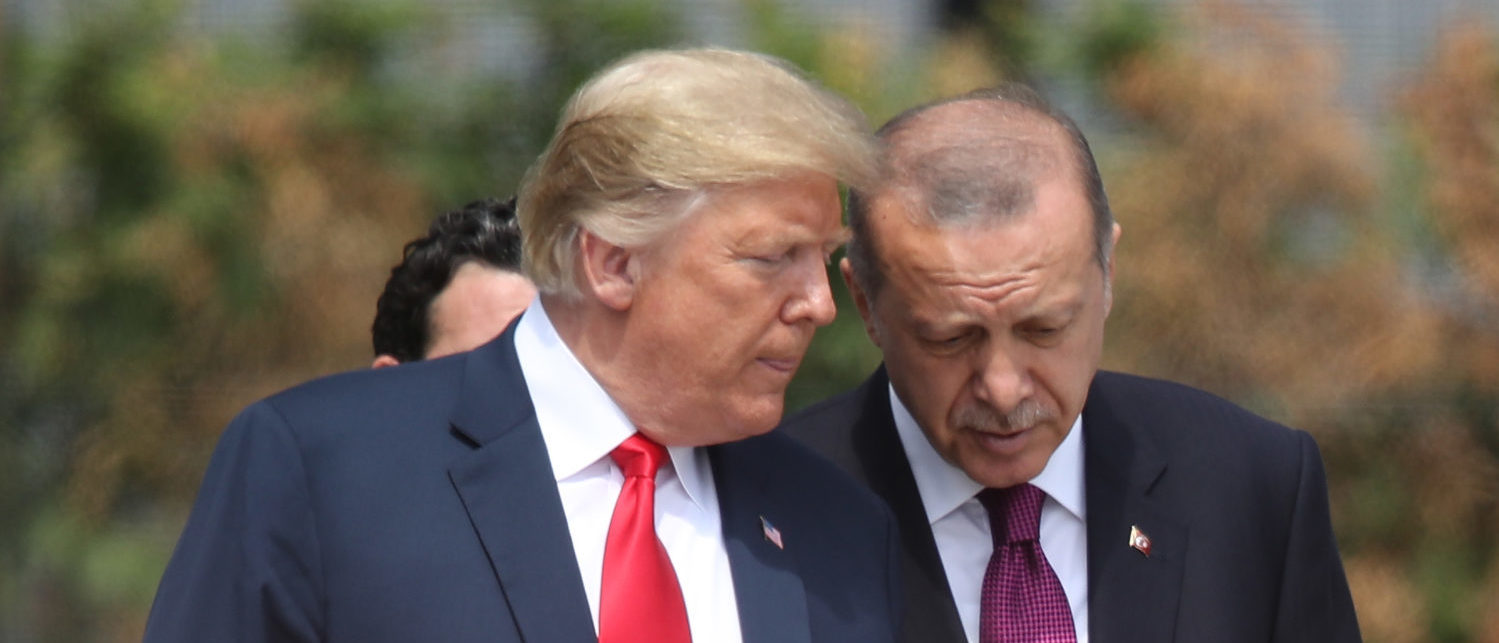 BRUSSELS, BELGIUM - JULY 11: U.S. President Donald Trump (L) and Turkish President Recep Tayyip Erdogan attend the opening ceremony at the 2018 NATO Summit at NATO headquarters on July 11, 2018 in Brussels, Belgium. Leaders from NATO member and partner states are meeting for a two-day summit, which is being overshadowed by strong demands by U.S. President Trump for most NATO member countries to spend more on defense. (Photo by Sean Gallup/Getty Images)