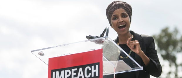 WASHINGTON, DC - SEPTEMBER 26: U.S. Rep. Ilhan Omar (D-MN) speaks at a rally hosted by Progressive Democrats of America on Capitol Hill on September 26, 2019 in Washington, DC. House Speaker Nancy Pelosi (D-CA) announced yesterday the beginning of a formal impeachment inquiry against President Donald Trump. (Photo by Zach Gibson/Getty Images)