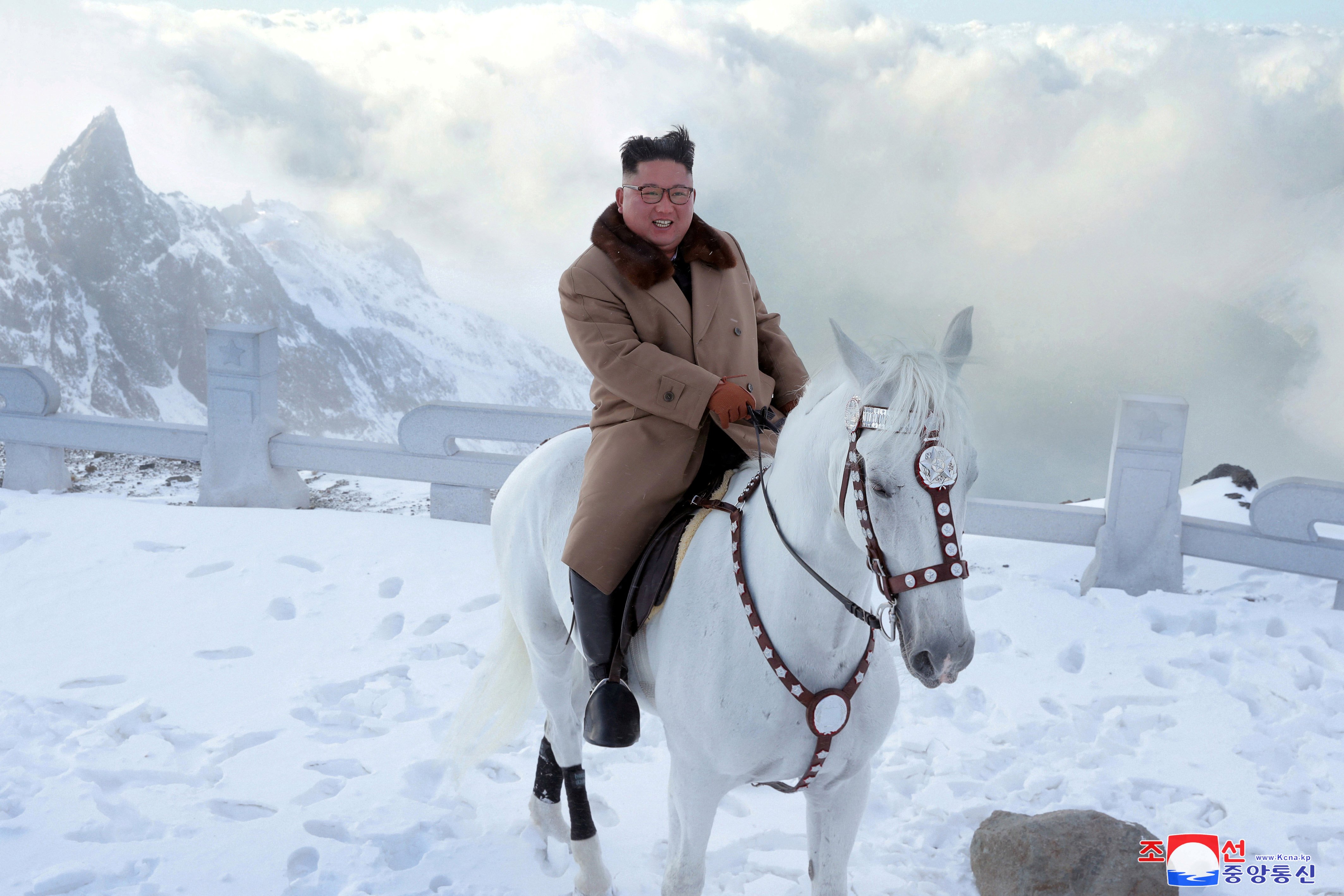 North Korean leader Kim Jong Un rides a horse during snowfall in Mount Paektu in this image released by North Korea's Korean Central News Agency (KCNA) on October 16, 2019. KCNA via REUTERS ATTENTION EDITORS - THIS IMAGE WAS PROVIDED BY A THIRD PARTY. REUTERS IS UNABLE TO INDEPENDENTLY VERIFY THIS IMAGE. NO THIRD PARTY SALES. SOUTH KOREA OUT.