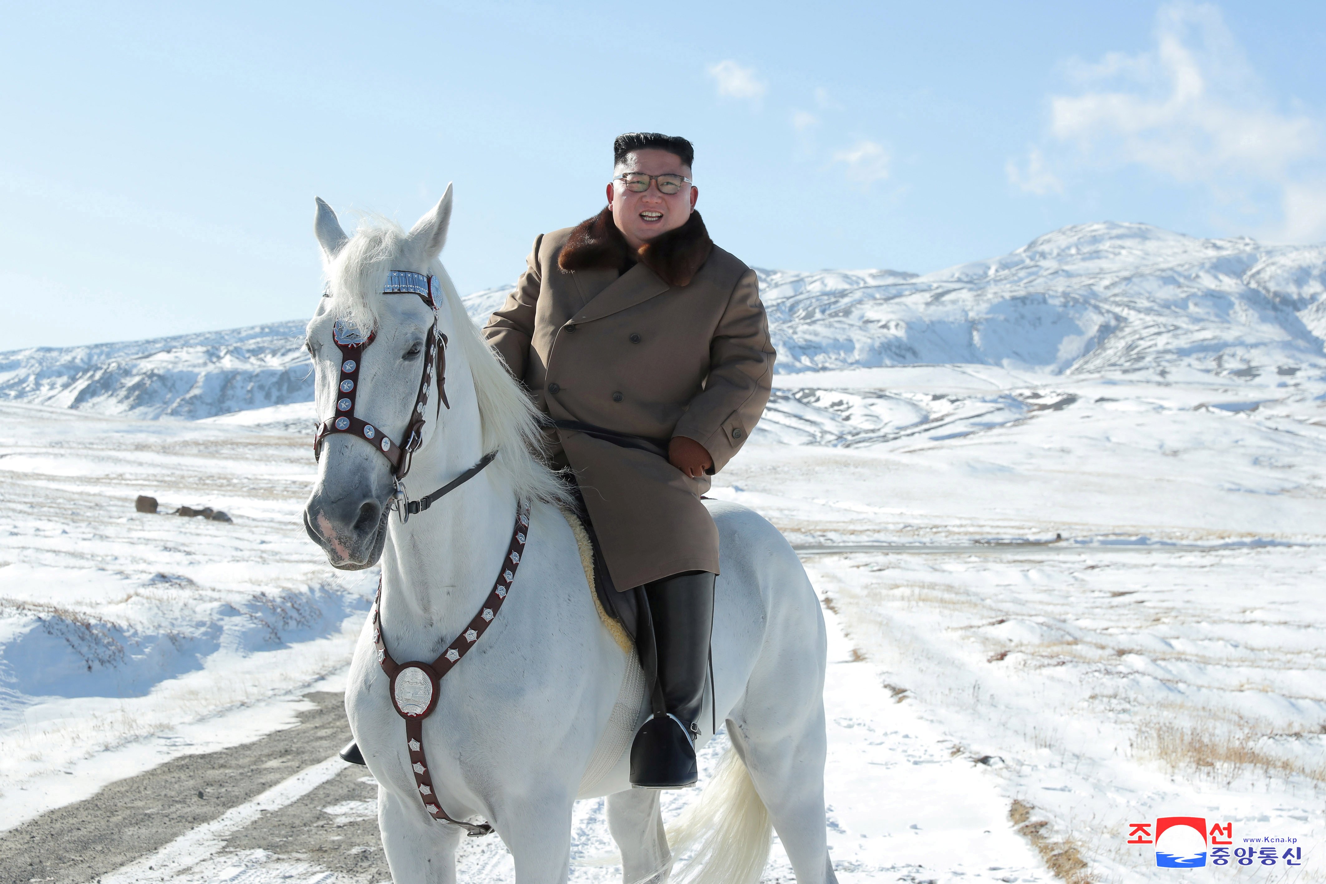 North Korean leader Kim Jong Un rides a horse during snowfall in Mount Paektu in this image released by North Korea's Korean Central News Agency (KCNA) on October 16, 2019. KCNA via REUTERS ATTENTION EDITORS - THIS IMAGE WAS PROVIDED BY A THIRD PARTY. REUTERS IS UNABLE TO INDEPENDENTLY VERIFY THIS IMAGE. NO THIRD PARTY SALES. SOUTH KOREA OUT.