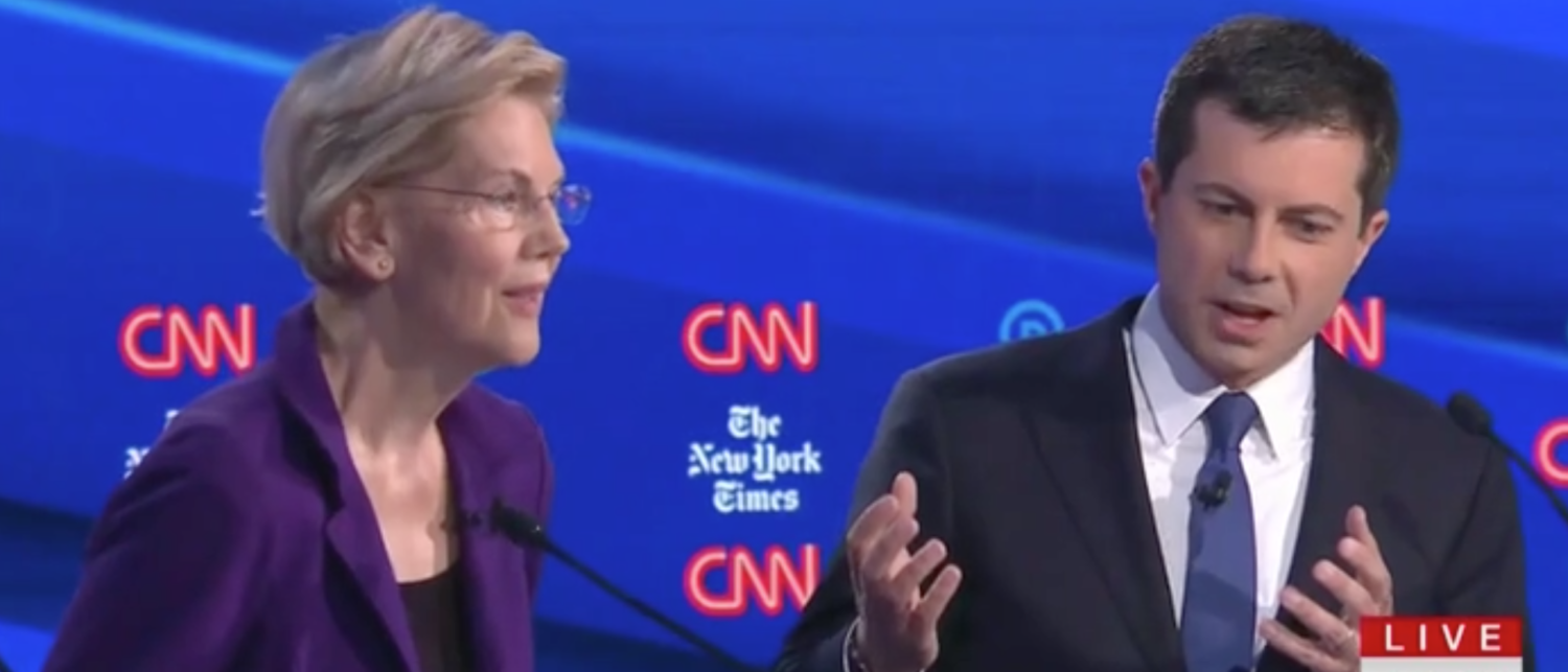 Elizabeth Warren and Pete Buttigieg square off during Democratic debate in Ohio. Screen Shot/CNN