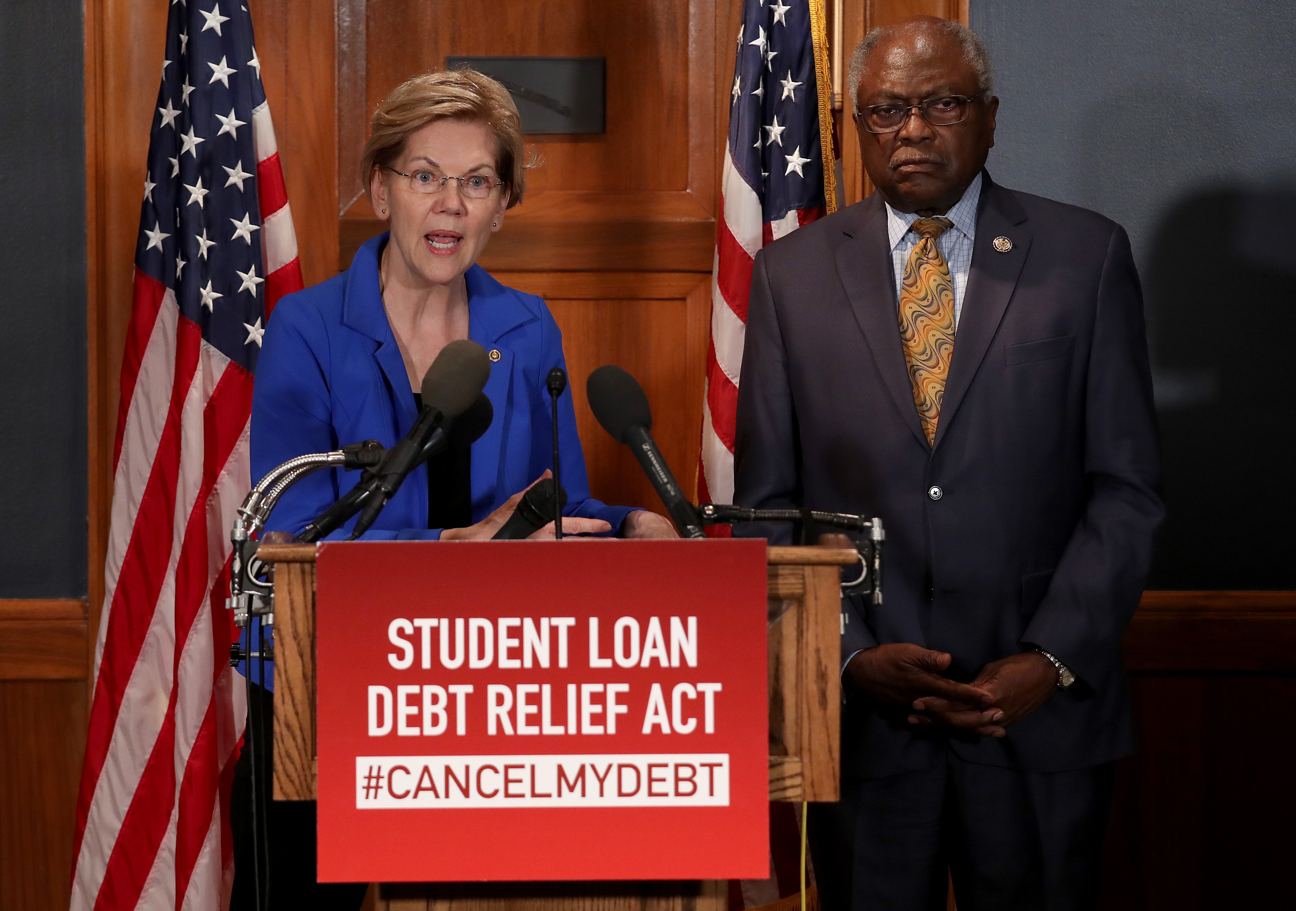 WASHINGTON, DC - JULY 23: Sen. Elizabeth Warren (D-MA) speaks during a press conference on Capitol Hill July 23, 2019 in Washington, DC. Warren spoke with Rep. Jim Clyburn (R) (D-SC) on legislation to cancel student loan debt for millions of Americans. (Win McNamee/Getty Images)