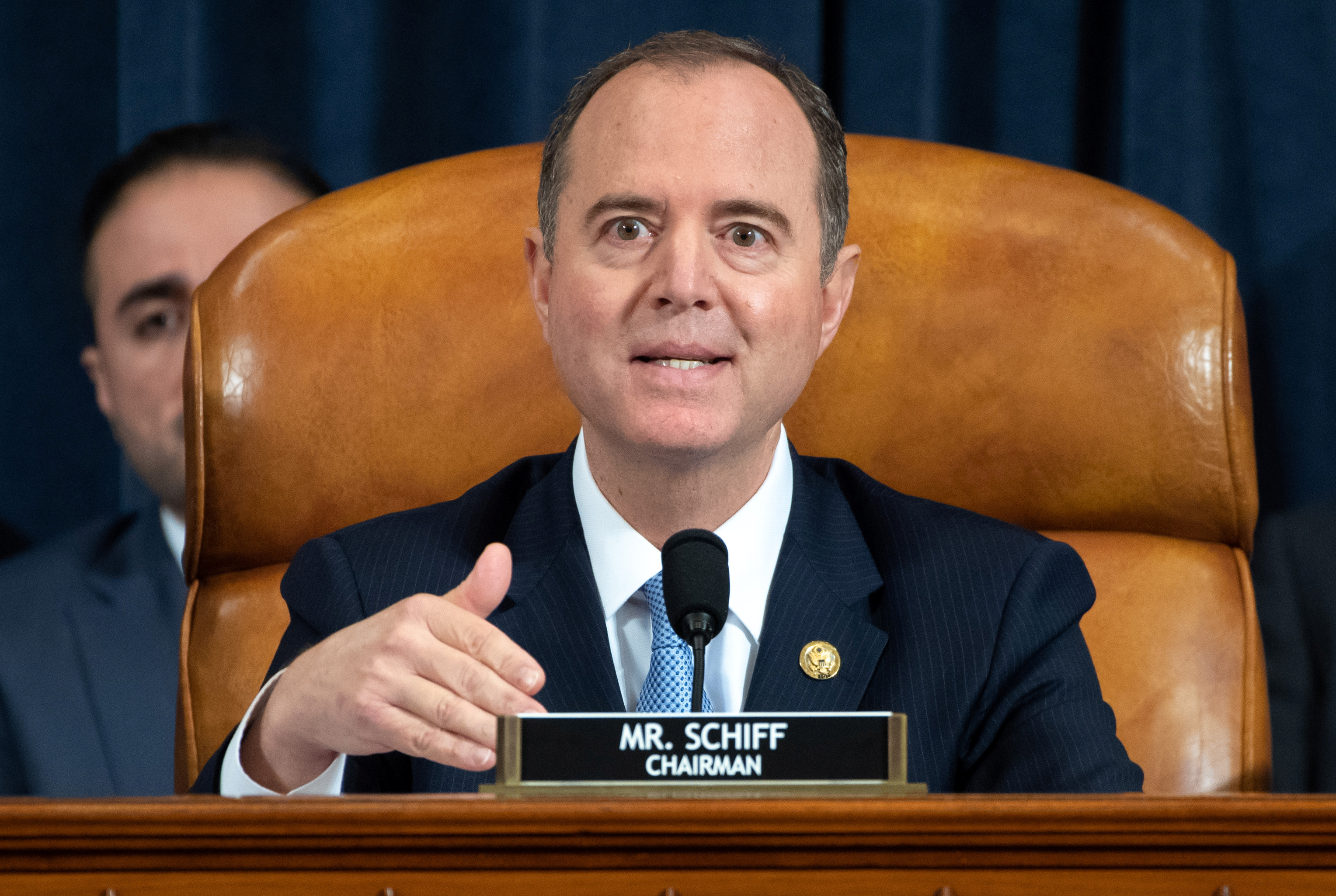 Chairman Adam Schiff, Democrat of California, speaks during the first public hearings held by the House Permanent Select Committee on Intelligence as part of the impeachment inquiry into U.S. President Donald Trump, with witnesses Ukrainian Ambassador William Taylor and Deputy Assistant Secretary George Kent testifying, on Capitol Hill in Washington, DC, U.S., Nov.13, 2019. Saul Loeb/Pool via REUTERS 