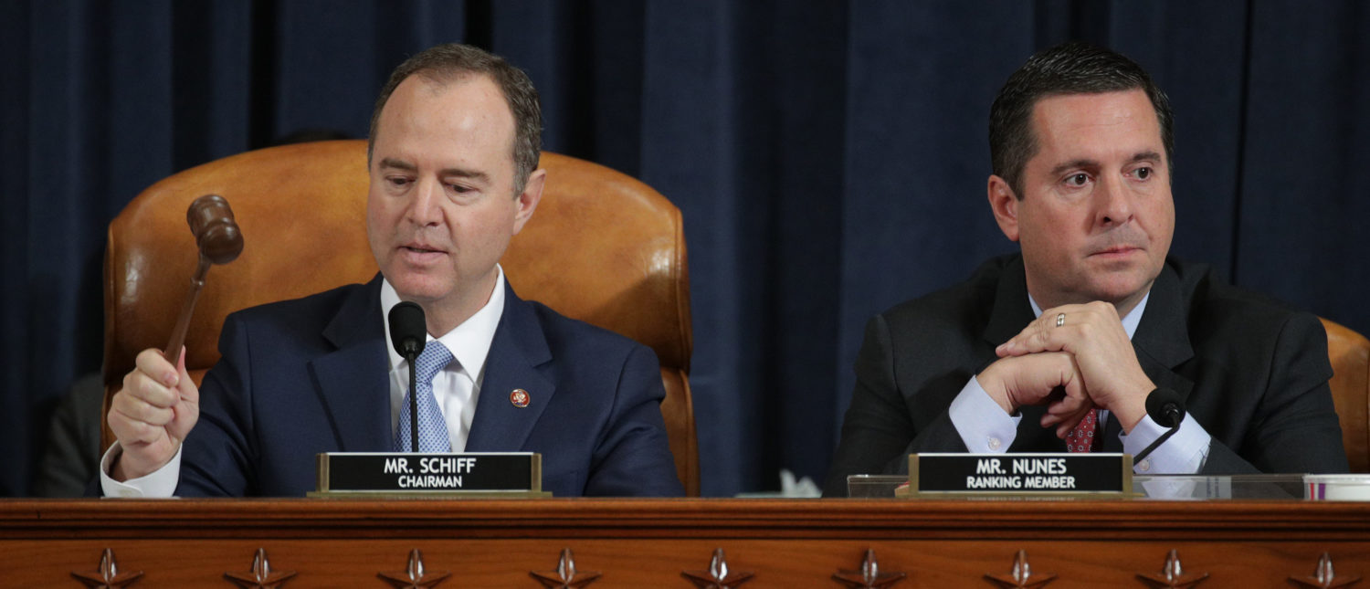WASHINGTON, DC - NOVEMBER 15: Committee Chairman Rep. Adam Schiff (D-CA) (L) speaks while ranking member Devin Nunes looks on during the testimony of former U.S. Ambassador to Ukraine Marie Yovanovitch's before the House Intelligence Committee in the Longworth House Office Building on Capitol Hill November 15, 2019 in Washington, DC. In the second impeachment hearing held by the committee, House Democrats continue to build a case against U.S. President Donald Trump’s efforts to link U.S. military aid for Ukraine to the nation’s investigation of his political rivals. (Photo by Alex Wong/Getty Images)