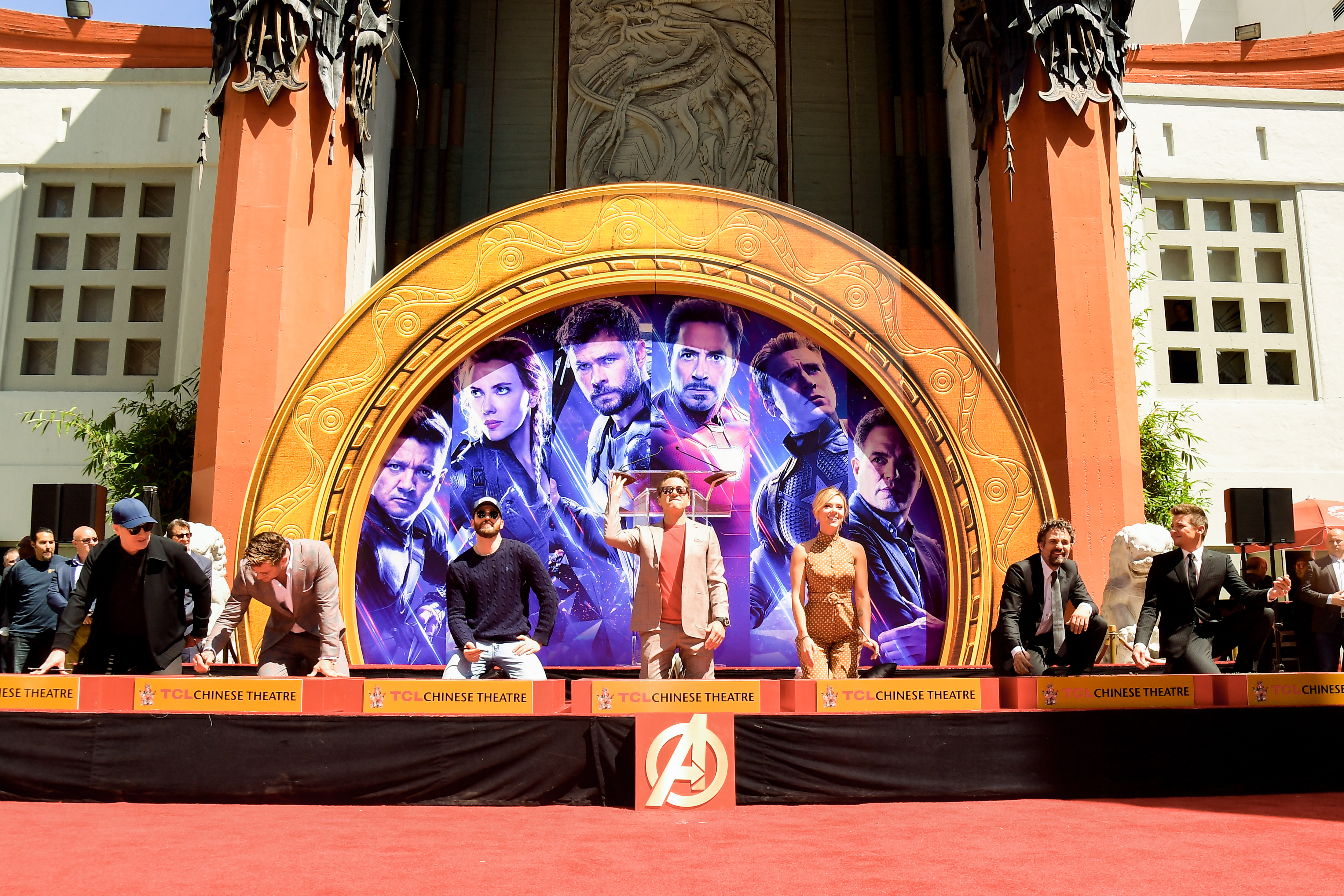 President of Marvel Studios/Producer Kevin Feige, Chris Hemsworth, Chris Evans, Robert Downey Jr., Scarlett Johansson, Mark Ruffalo, and Jeremy Renner attends the Marvel Studios' 'Avengers: Endgame' cast place their hand prints in cement at TCL Chinese Theatre IMAX Forecourt at TCL Chinese Theatre IMAX on April 23, 2019 in Hollywood, California. (Photo by Matt Winkelmeyer/Getty Images)