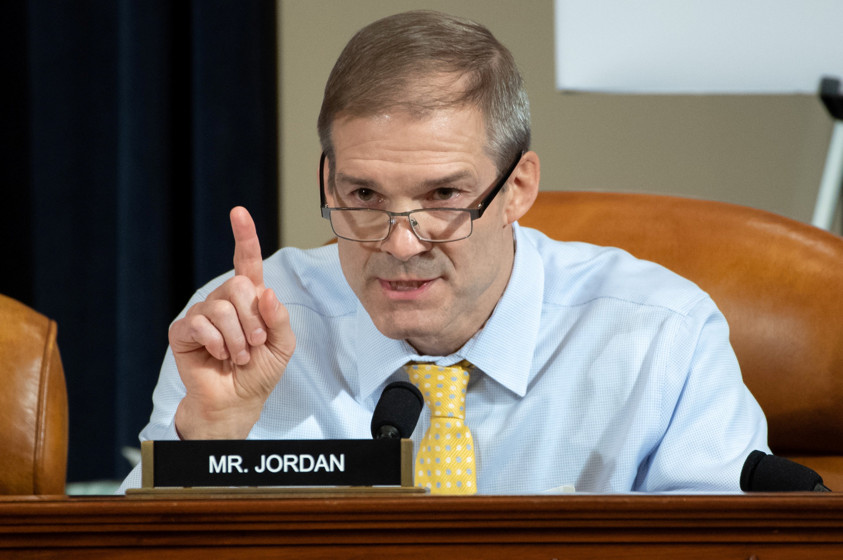 Representative Jim Jordan, Republican of Ohio, asks questions of witnesses U.S. Ambassador to Ukraine William Taylor and Deputy Assistant Secretary George Kent during the first public hearings held by the House Permanent Select Committee on Intelligence as part of the impeachment inquiry into U.S. President Donald Trump, on Capitol Hill in Washington, DC, U.S., November 13, 2019. Saul Loeb/Pool via REUTERS