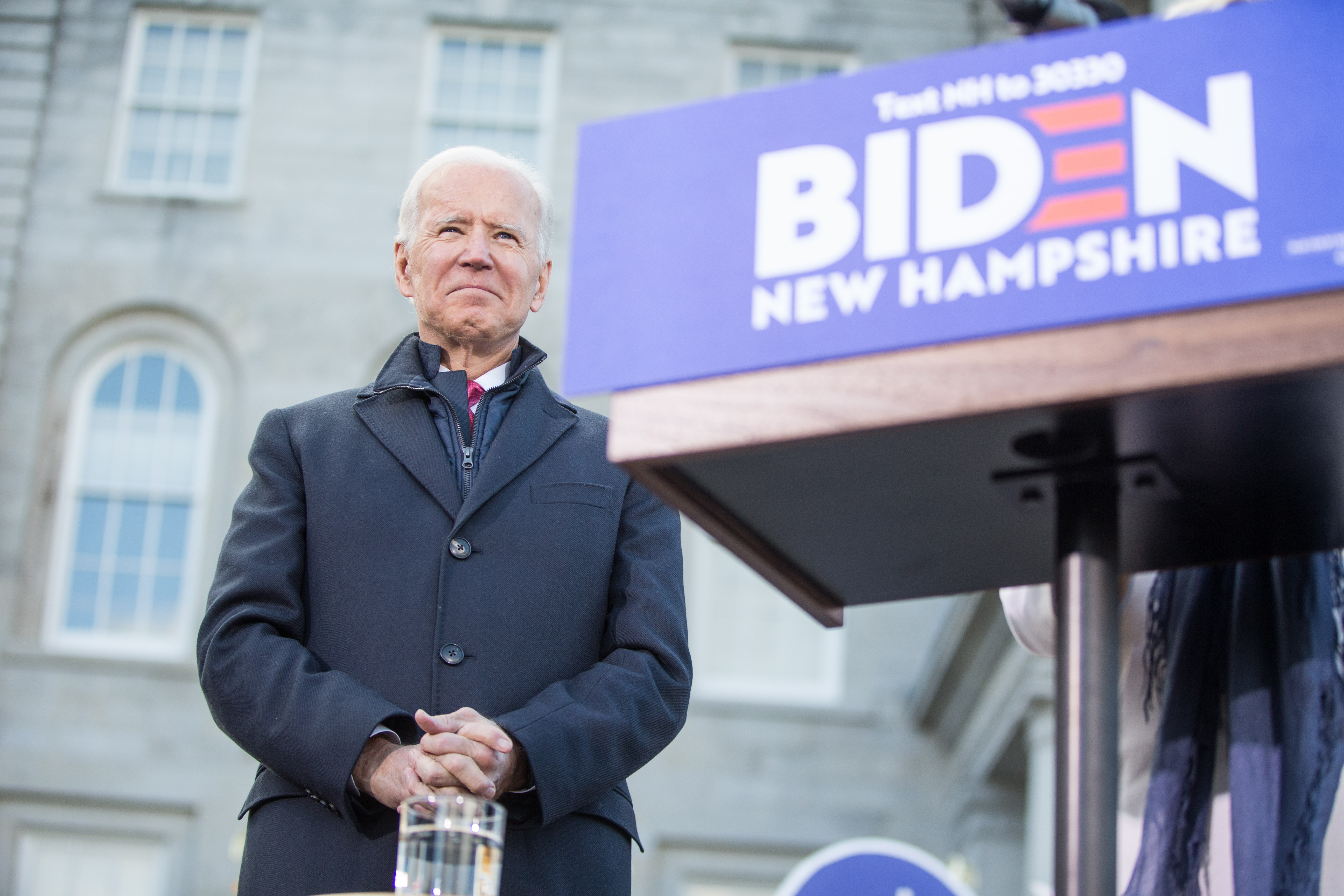 CONCORD, NH - NOVEMBER 08: Democratic presidential candidate, former vice President Joe Biden waits to be introduced during a rally after he signed his official paperwork for the New Hampshire Primary at the New Hampshire State House on November 8, 2019 in Concord, New Hampshire. The state's first-in-the-nation primary will be held on February 11, 2020. (Photo by Scott Eisen/Getty Images)