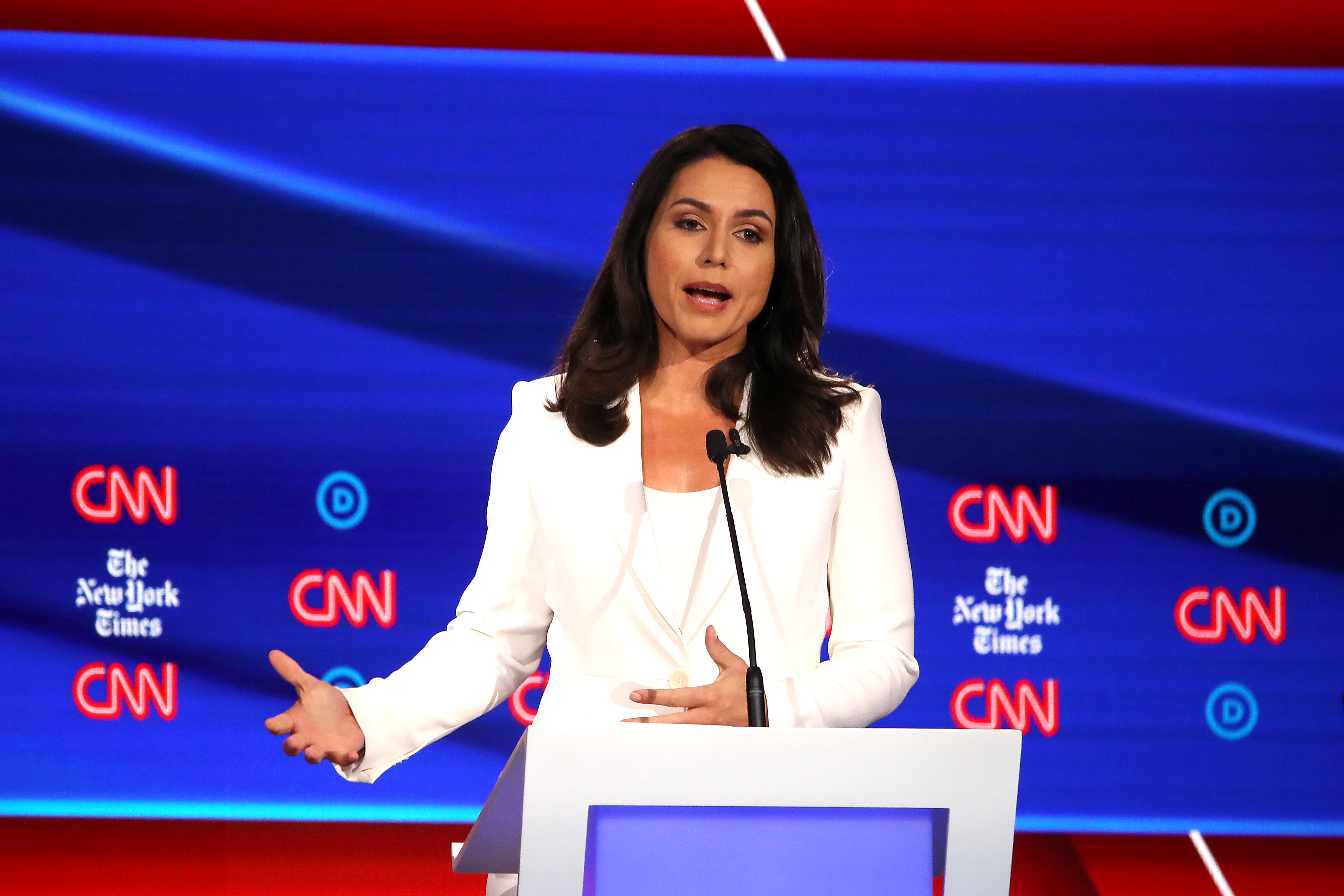WESTERVILLE, OHIO - OCTOBER 15: Rep. Tulsi Gabbard (D-HI) speaks during the Democratic Presidential Debate at Otterbein University on October 15, 2019 in Westerville, Ohio. A record 12 presidential hopefuls are participating in the debate hosted by CNN and The New York Times. (Photo by Win McNamee/Getty Images)