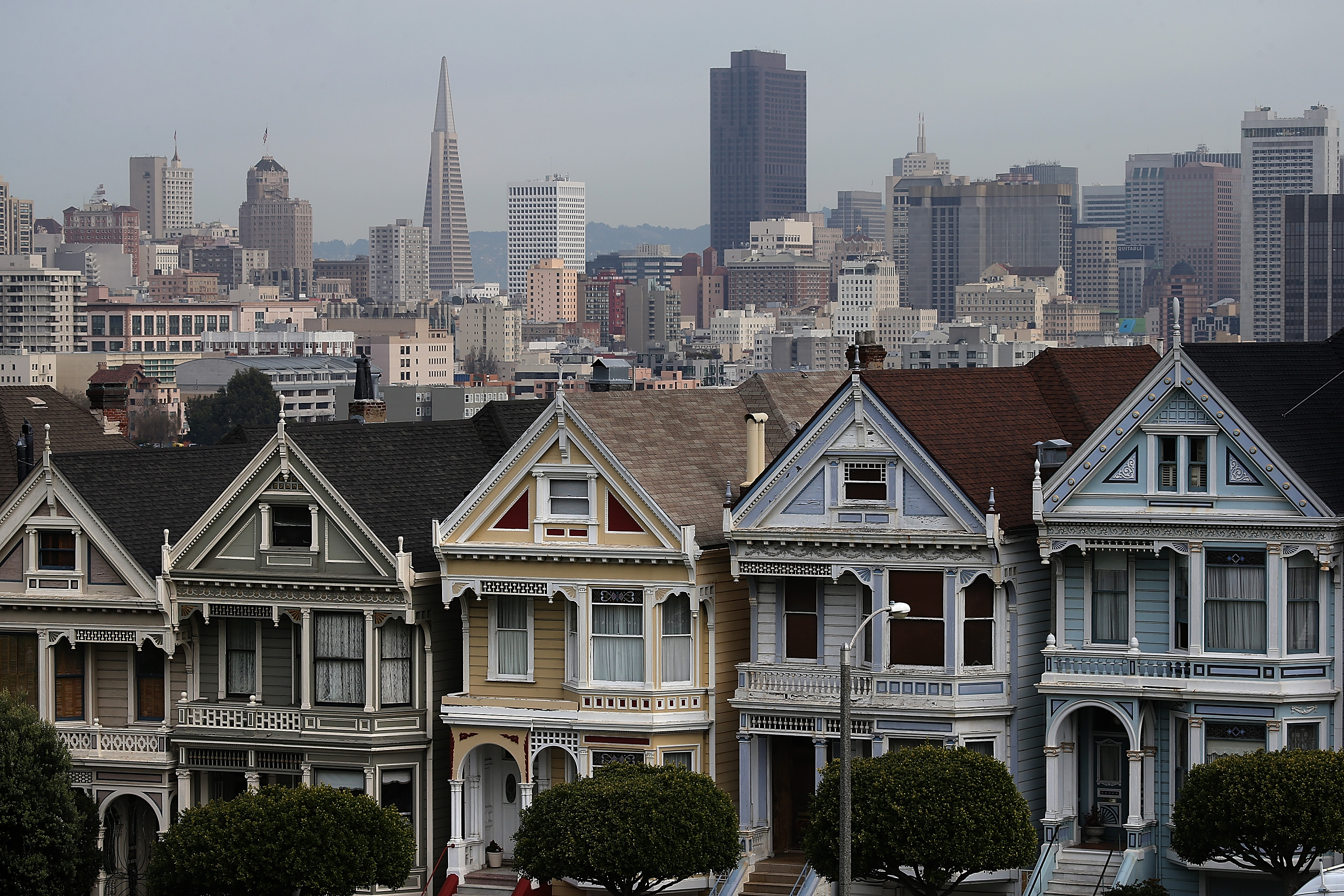 A view of San Francisco's famed Painted Ladies victorian houses on February 18, 2014 in San Francisco, California. According to a report by mortgage resource site HSH.com, an annual salary of $115,510 is needed to purchase a house in San Francisco where the median home price is $682,410. (Photo by Justin Sullivan/Getty Images)