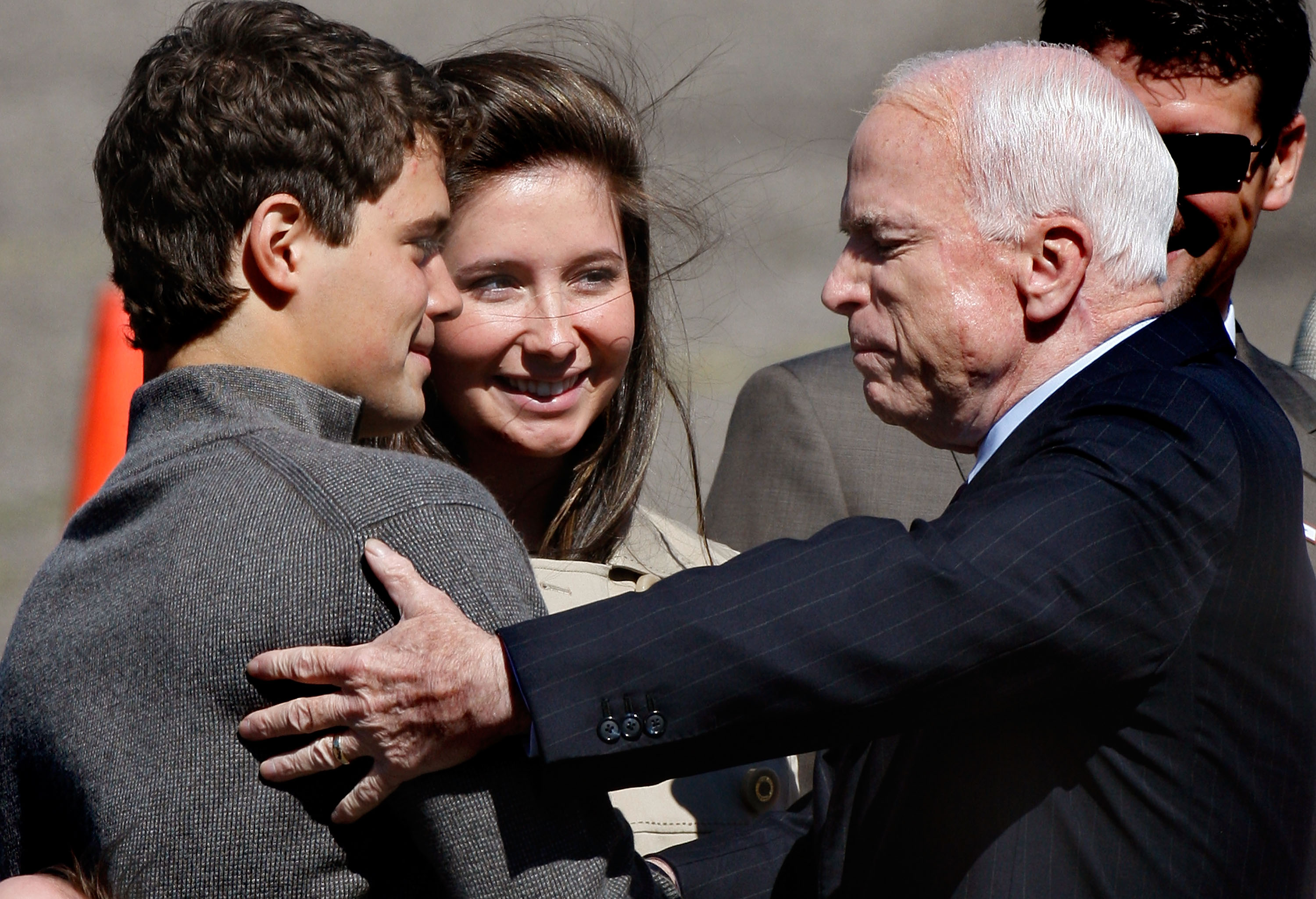 Presumptive Republican presidential nominee John McCain is greeted by Levi Johnston and his then-girlfriend Bristol Palin, daughter of vice presidential candidate and Alaska Gov. Sarah Palin at the Minneapolis-St. Paul International Airport September 3, 2008. (Scott Olson/Getty Images)