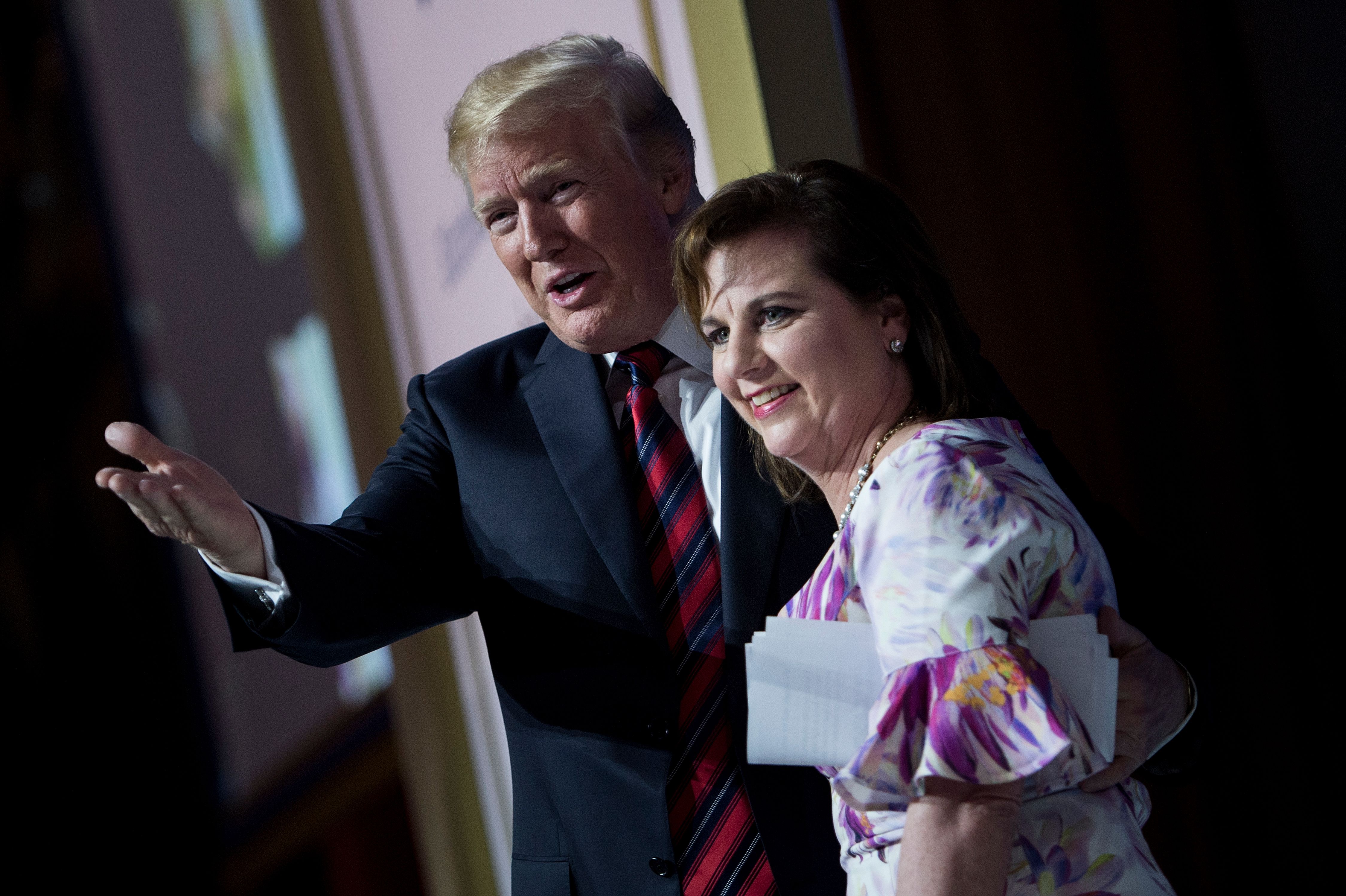 US President Donald Trump (L) and Marjorie Dannenfelser, President of Susan B. Anthony List, talk during the Susan B. Anthony List 11th Annual Campaign for Life Gala at the National Building Museum May 22, 2018 in Washington, DC. (BRENDAN SMIALOWSKI/AFP via Getty Images)