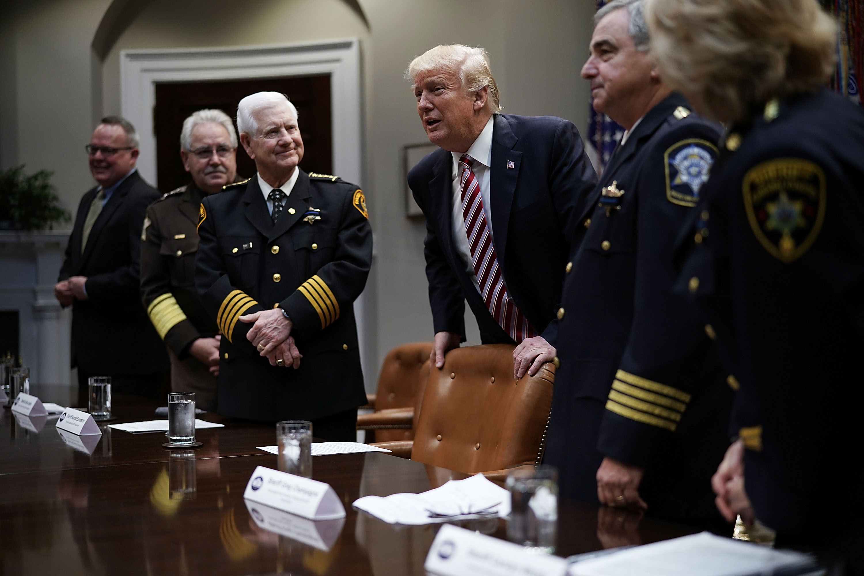 President Donald Trump greets representatives of the National Sheriffs' Association at the White House on February 13, 2018. (Alex Wong/Getty Images)