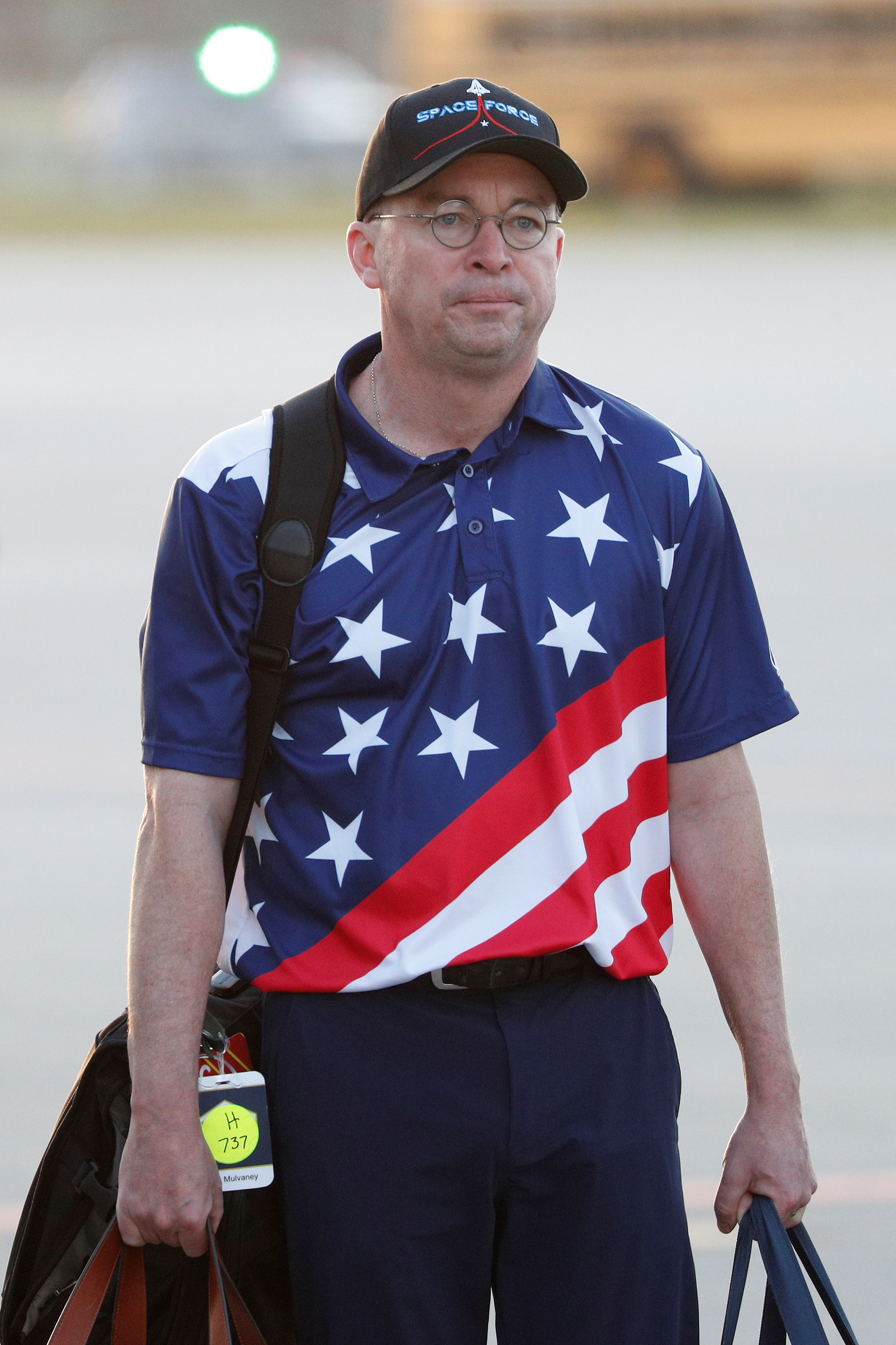 Acting White House Chief of Staff Mick Mulvaney descends from Air Force One wearing a Space Force hat at Palm Beach International Airport in West Palm Beach, Florida, U.S. November 29, 2019. (REUTERS/Tom Brenner)