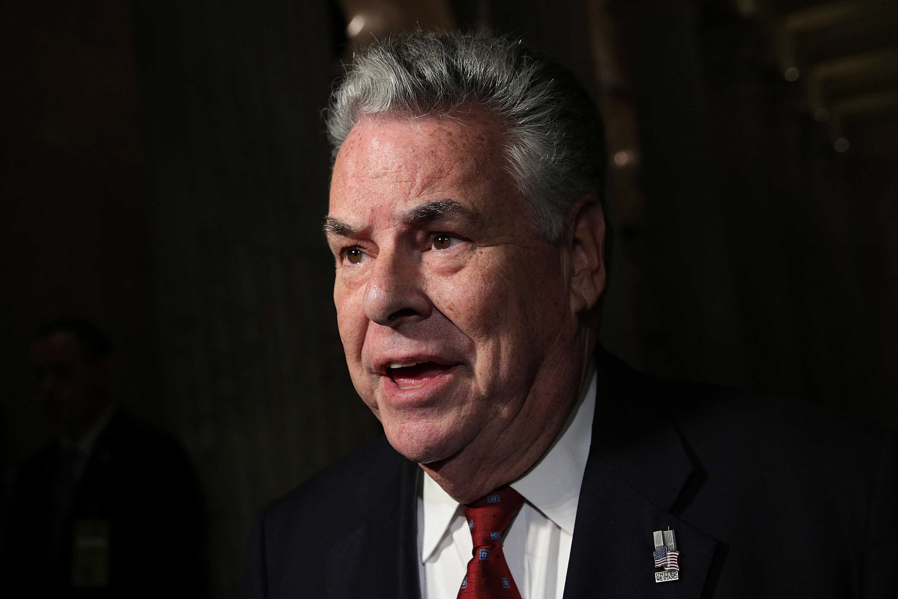 U.S. Rep. Peter King (R-NY) speaks to members of the media after President Donald Trump's visit to a House Republican Conference meeting November 16, 2017 in Washington, DC. President Trump travels to Capitol Hill to discuss the tax reform bill as the House prepare to vote on the bill today. (Photo by Alex Wong/Getty Images)