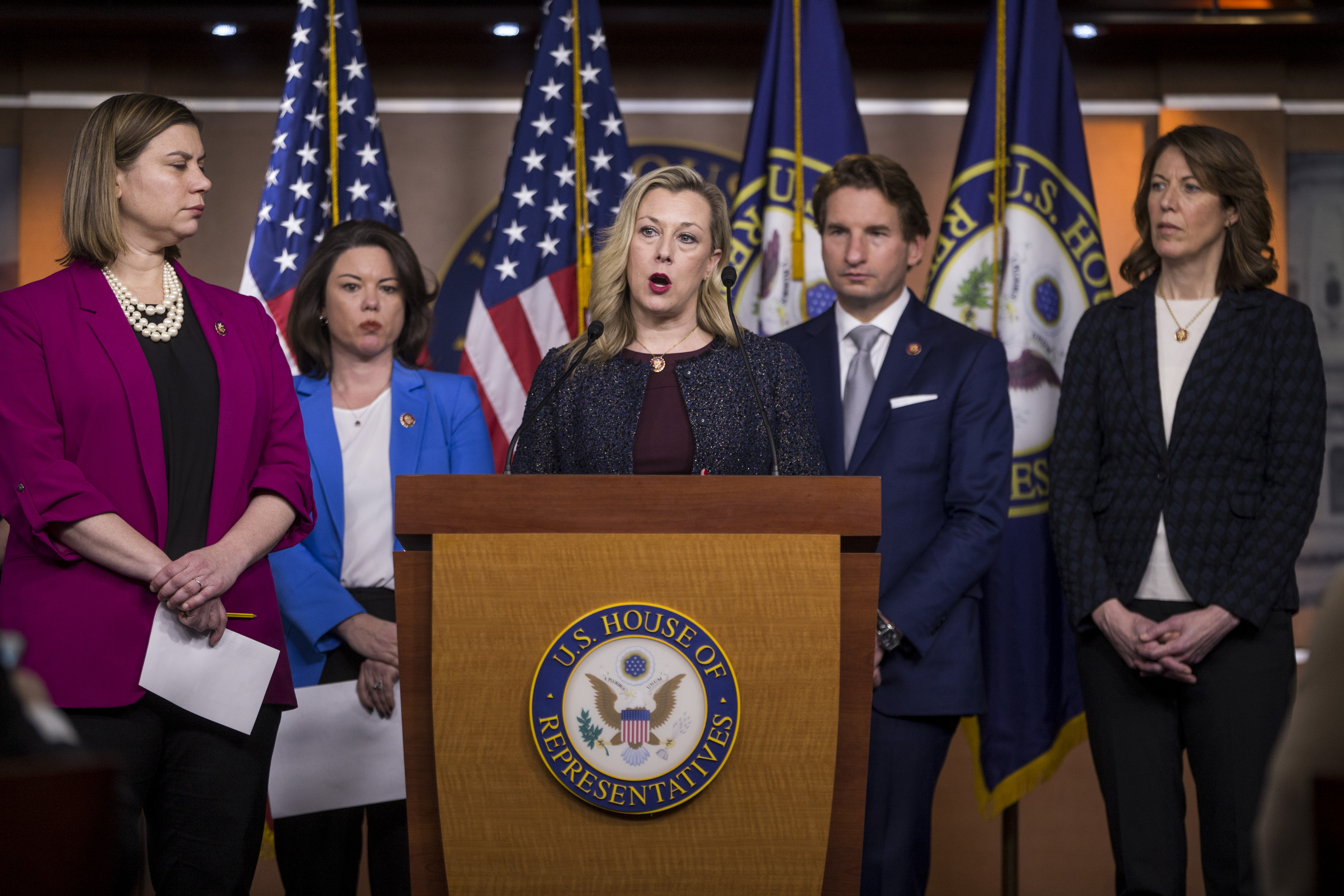 WASHINGTON, DC - JANUARY 29: Rep. Kendra Horn (D-OK) speaks during news conference discussing the "Shutdown to End All Shutdowns (SEAS) Act" on January 29, 2019 in Washington, DC. Also pictured are Rep. Elissa Slotkin (D-MI), Rep. Angie Craig (D-MN), Rep. Dean Phillips (D-MN), and Rep. Cindy Axne (D-IA). (Photo by Zach Gibson/Getty Images)