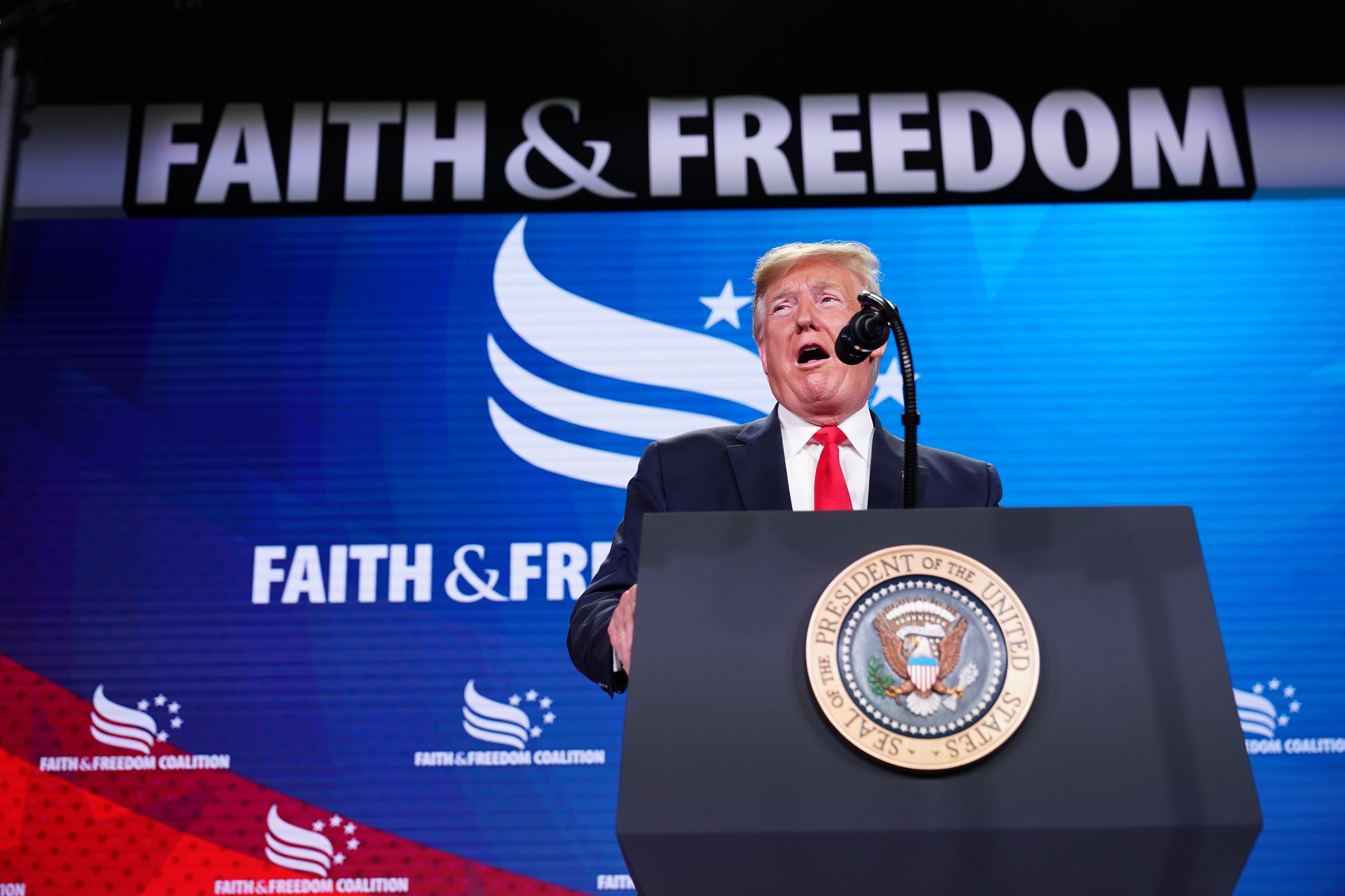US President Donald Trump speaks at the Faith and Freedom Coalition's Road to Majority Policy Conference at the Washington Marriott Wardman Park Hotel in Washington, DC on June 26, 2019. (Photo by MANDEL NGAN / AFP) (Photo by MANDEL NGAN/AFP via Getty Images)