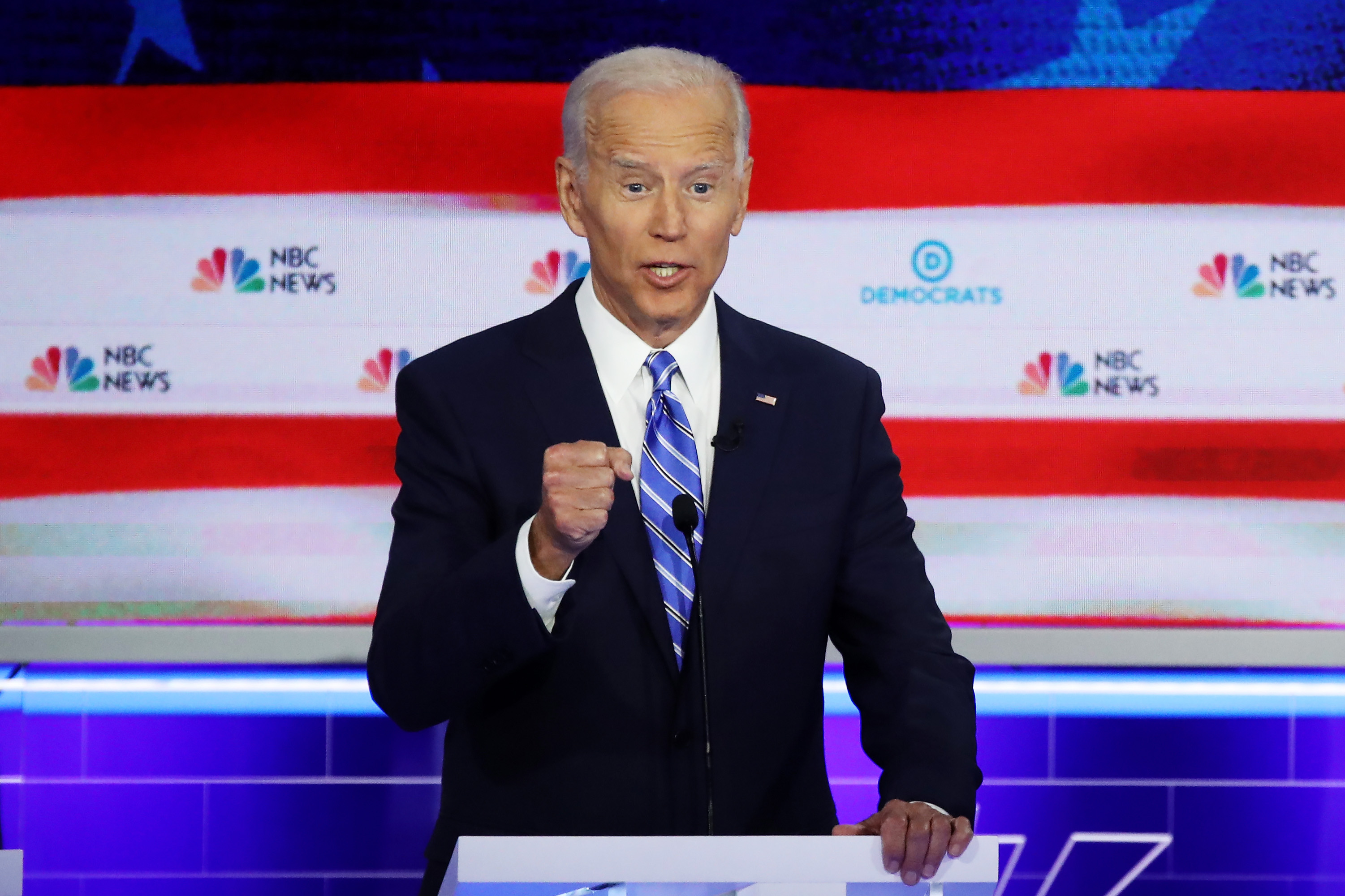 MIAMI, FLORIDA - JUNE 27: Democratic presidential candidate former Vice President Joe Biden speaks during the second night of the first Democratic presidential debate on June 27, 2019 in Miami, Florida. A field of 20 Democratic presidential candidates was split into two groups of 10 for the first debate of the 2020 election, taking place over two nights at Knight Concert Hall of the Adrienne Arsht Center for the Performing Arts of Miami-Dade County, hosted by NBC News, MSNBC, and Telemundo. (Photo by Drew Angerer/Getty Images)