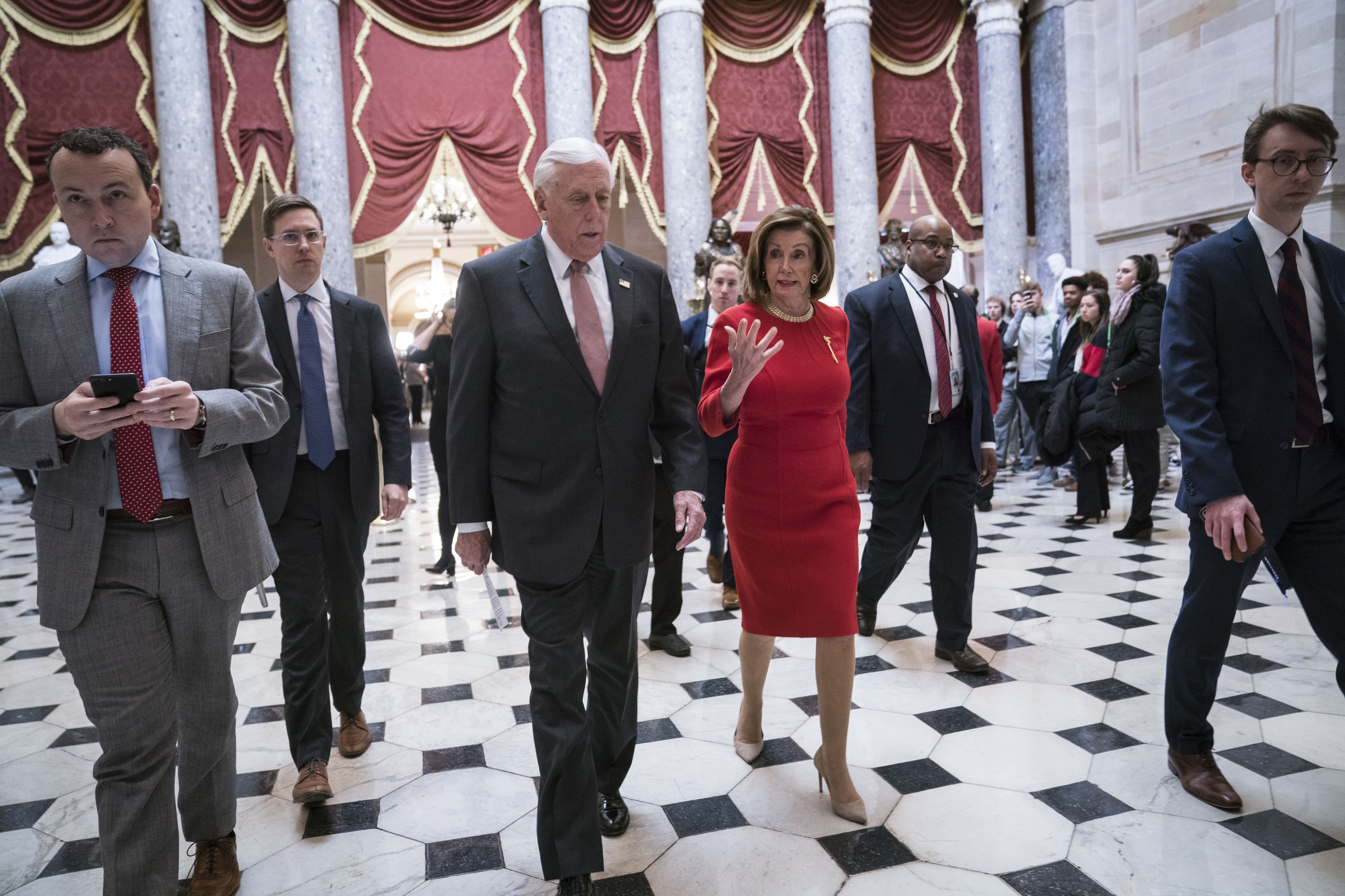 House Majority Leader Rep. Steny Hoyer (D-MD) and House Speaker Nancy Pelosi (D-CA) walk from the House floor where members debate the United States-Mexico-Canada Agreement (USMCA) to the speaker's office in the U.S. Capitol on December 19, 2019. (Sarah Silbiger/Getty Images)