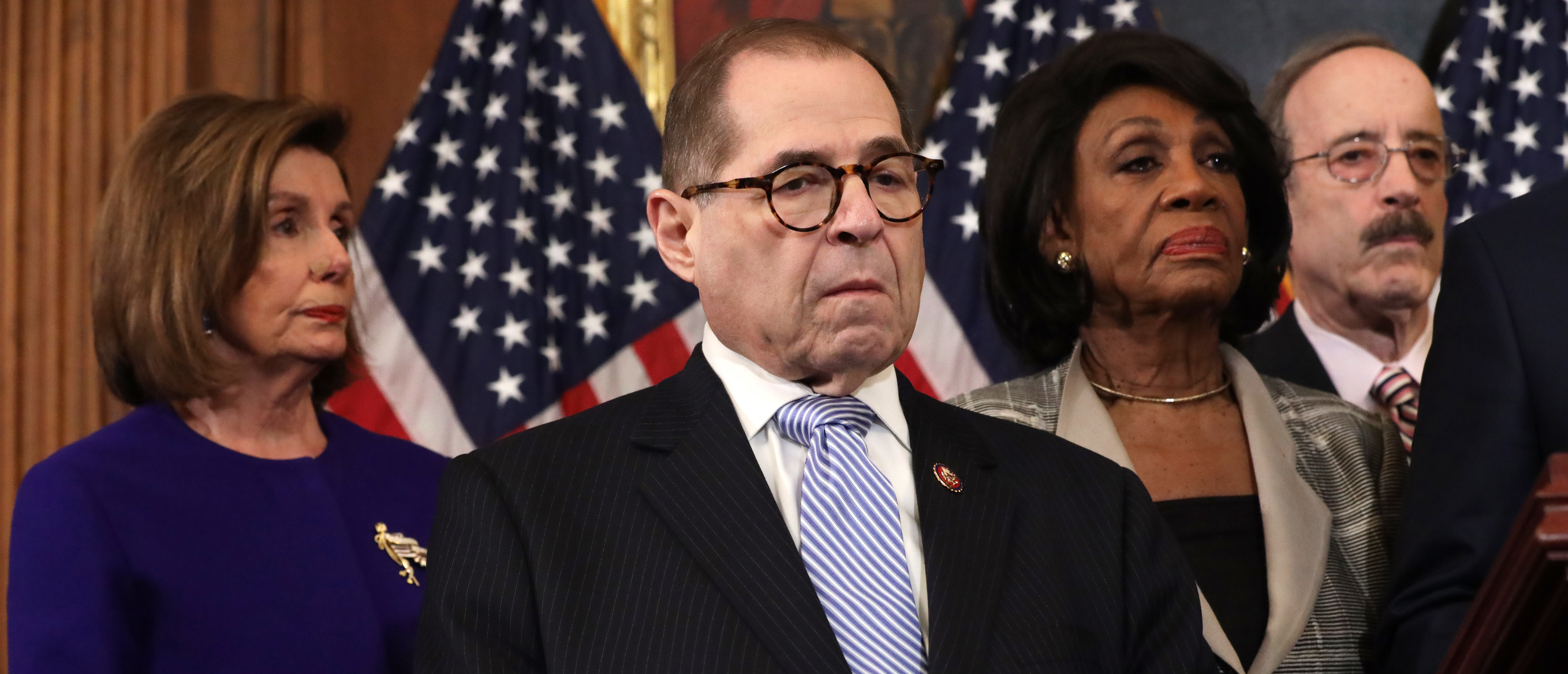 (L-R) Speaker of the House Rep. Nancy Pelosi (D-CA), Chairman of House Judiciary Committee Rep. Jerry Nadler (D-NY), Chairwoman of House Financial Services Committee Rep. Maxine Waters (D-CA) and Chairman of House Foreign Affairs Committee Rep. Eliot Engel (D-NY) listen during a news conference at the U.S. Capitol December 10, 2019 in Washington, DC. Chairman Nadler announced that the House Judiciary Committee is introducing two articles on abuse of power and obstruction of Congress for the next steps in the House impeachment inquiry against President Donald Trump. (Photo by Alex Wong/Getty Images)