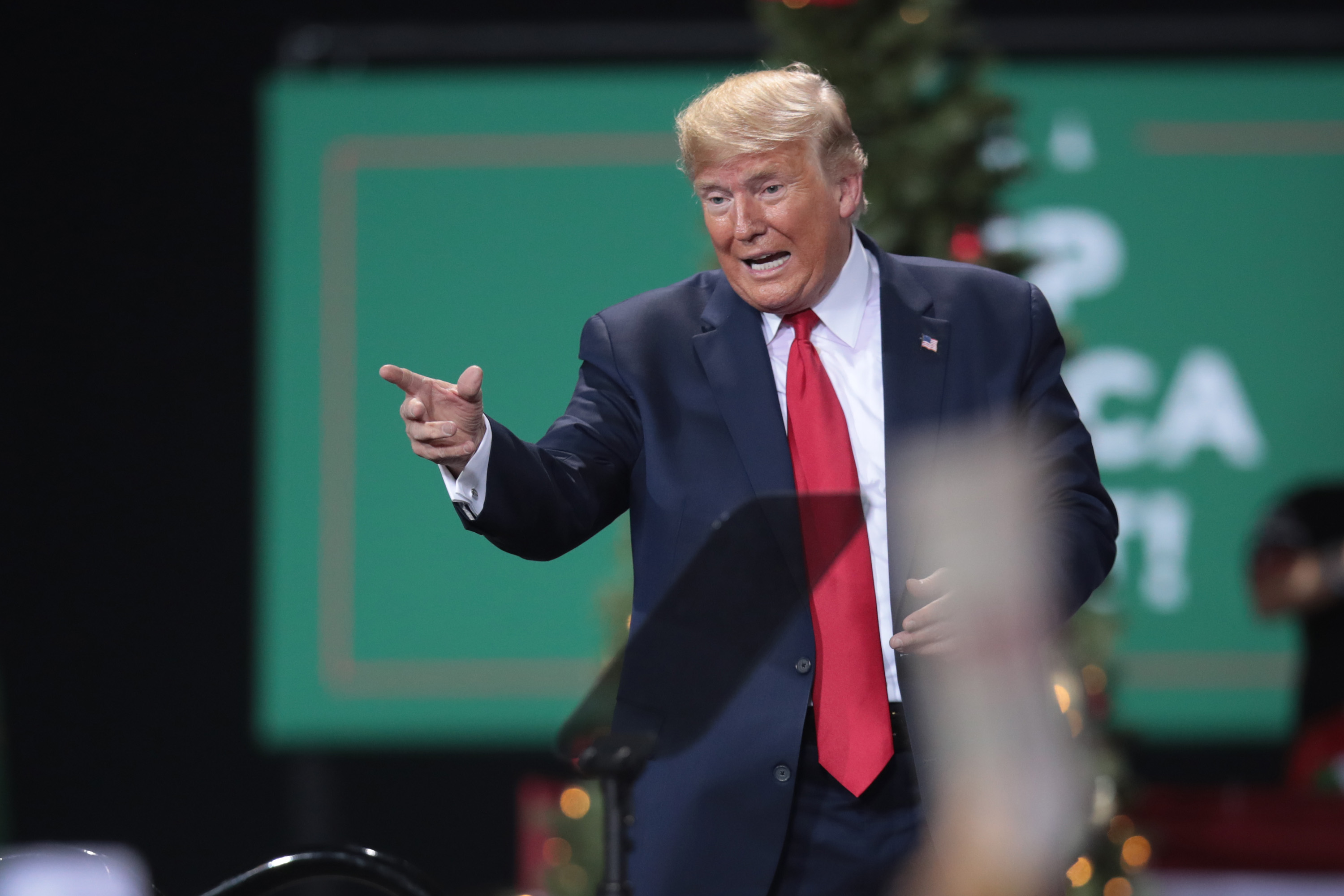 President Donald Trump leaves his Merry Christmas Rally at the Kellogg Arena on December 18, 2019 in Battle Creek, Michigan. (Scott Olson/Getty Images)