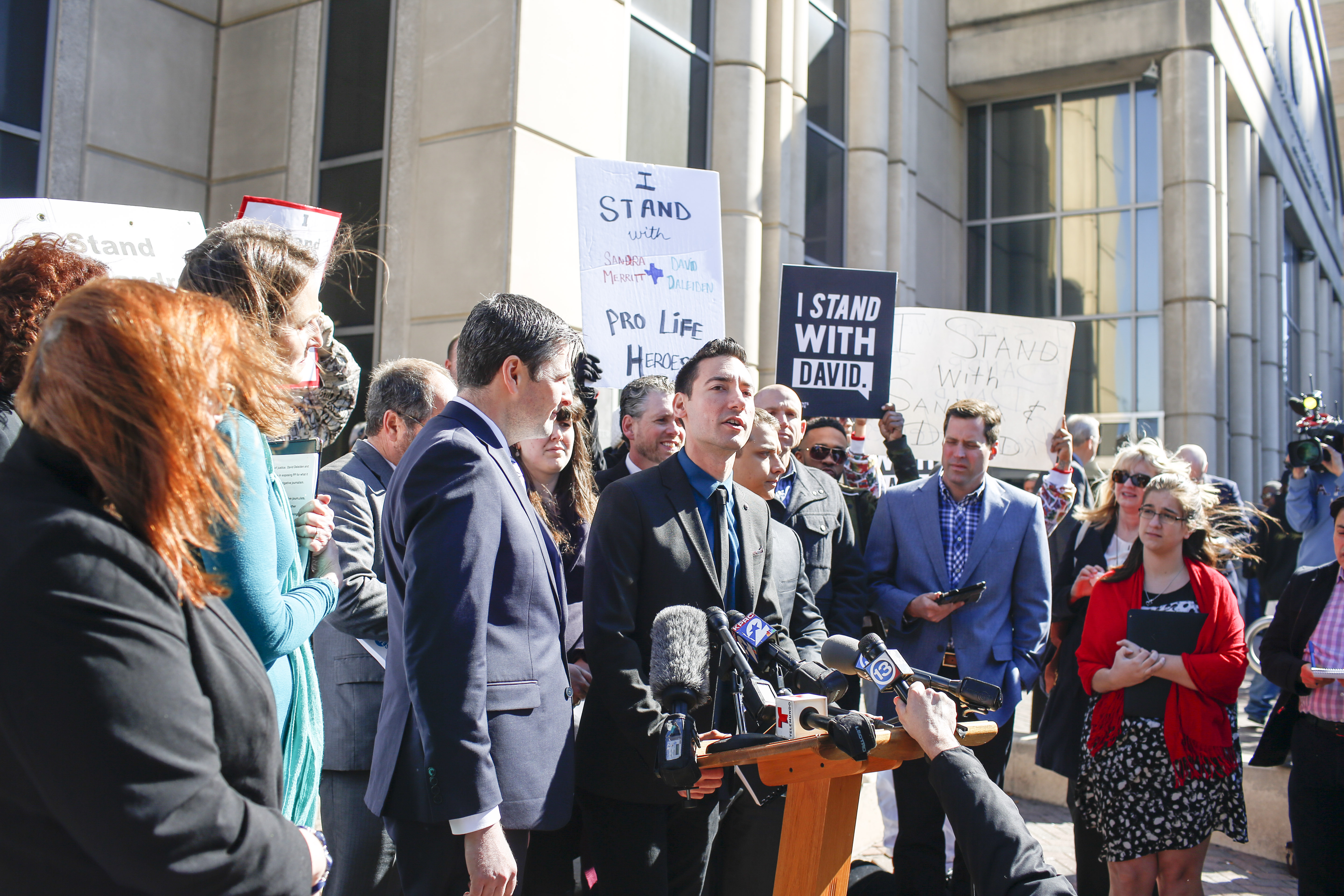 HOUSTON, TX - FEBRUARY 04: David Daleiden, a defendant in an indictment stemming from a Planned Parenthood video he helped produce, speaks to the media after appearing in court at the Harris County Courthouse on February 4, 2016 in Houston, Texas. Daleiden is facing an indictment on a misdemeanor count of purchasing human organs, and along with defendant Sandra Merritt, is charged with tampering with a governmental record. (Photo by Eric Kayne/Getty Images)